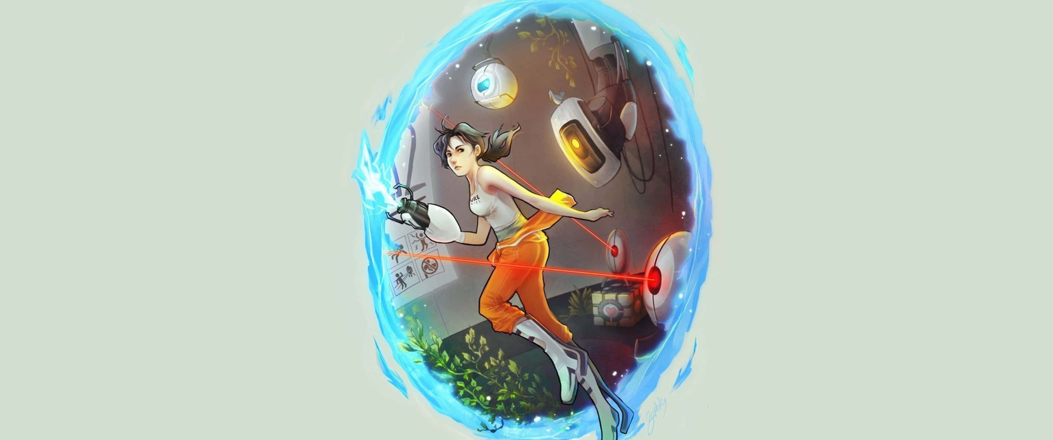 3440x1440p Portal 2 桌布 壁紙 — 一位身穿橙色褲子和白色上衣的女性遊戲玩家，手持控制器穿過發光的藍色傳送門，身後有機械敵人追趕。