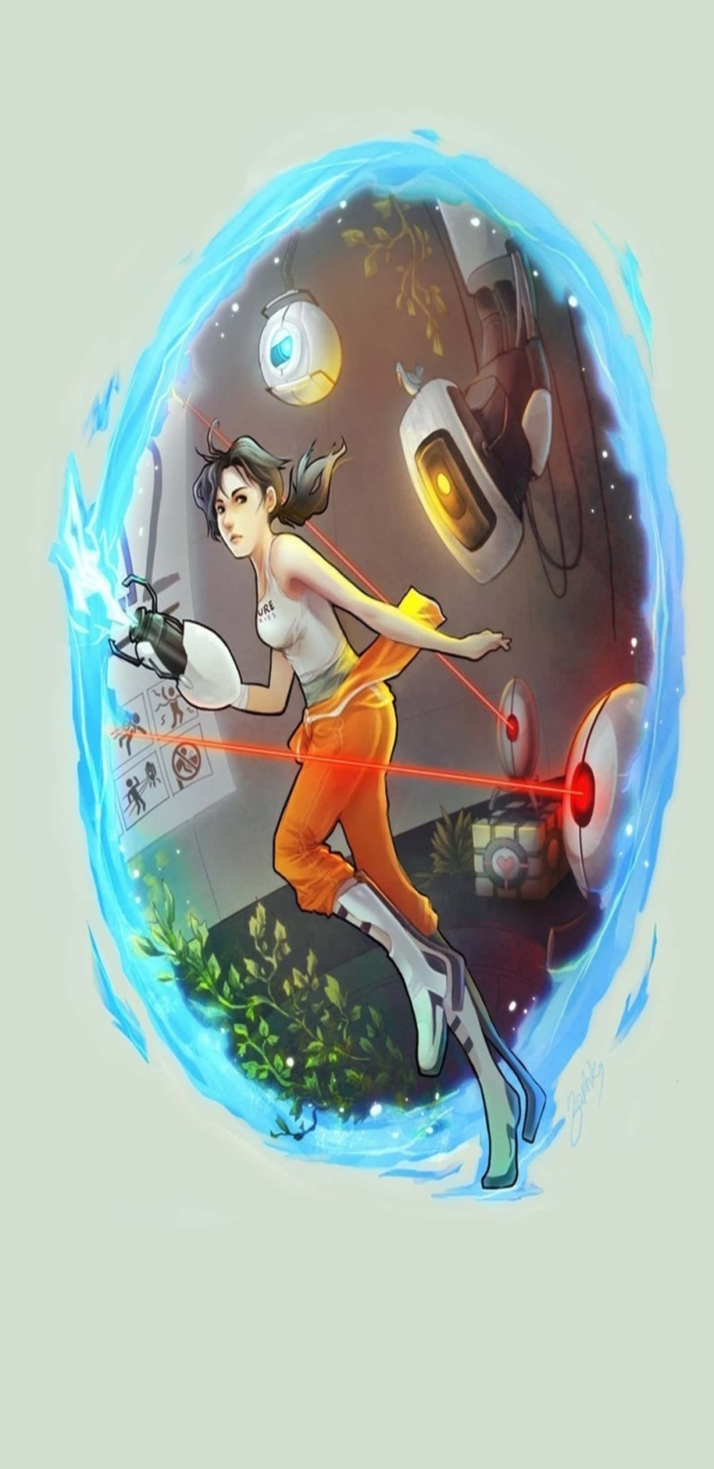 電玩遊戲 桌布 壁紙 — 一位身穿橙色褲子和白色上衣的女性玩家在一個發光的藍色傳送門內揮舞著雷射槍，周圍環繞著科幻小工具和漂浮的植物。
