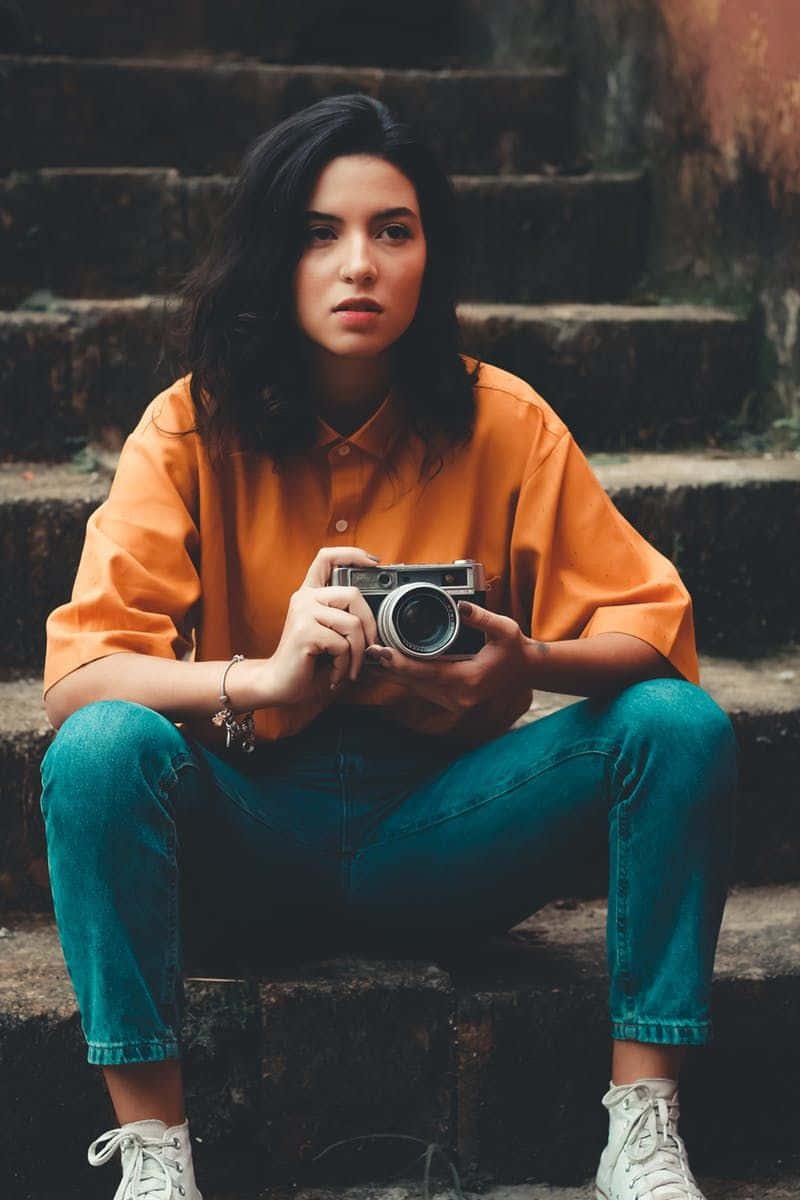 Holding Camera 桌布 壁紙 — 一位身穿橙色襯衫和青綠色牛仔褲的年輕女性坐在風化的石階上，手持復古相機，目光專注。