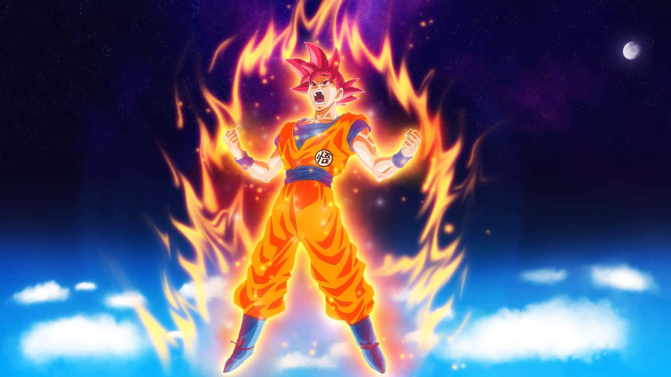龍珠Z 桌布 壁紙 — 一位身穿橙色道服的熾熱動漫戰士，在繁星點點的夜空下，被發光的火焰包圍，強有力地站立著。