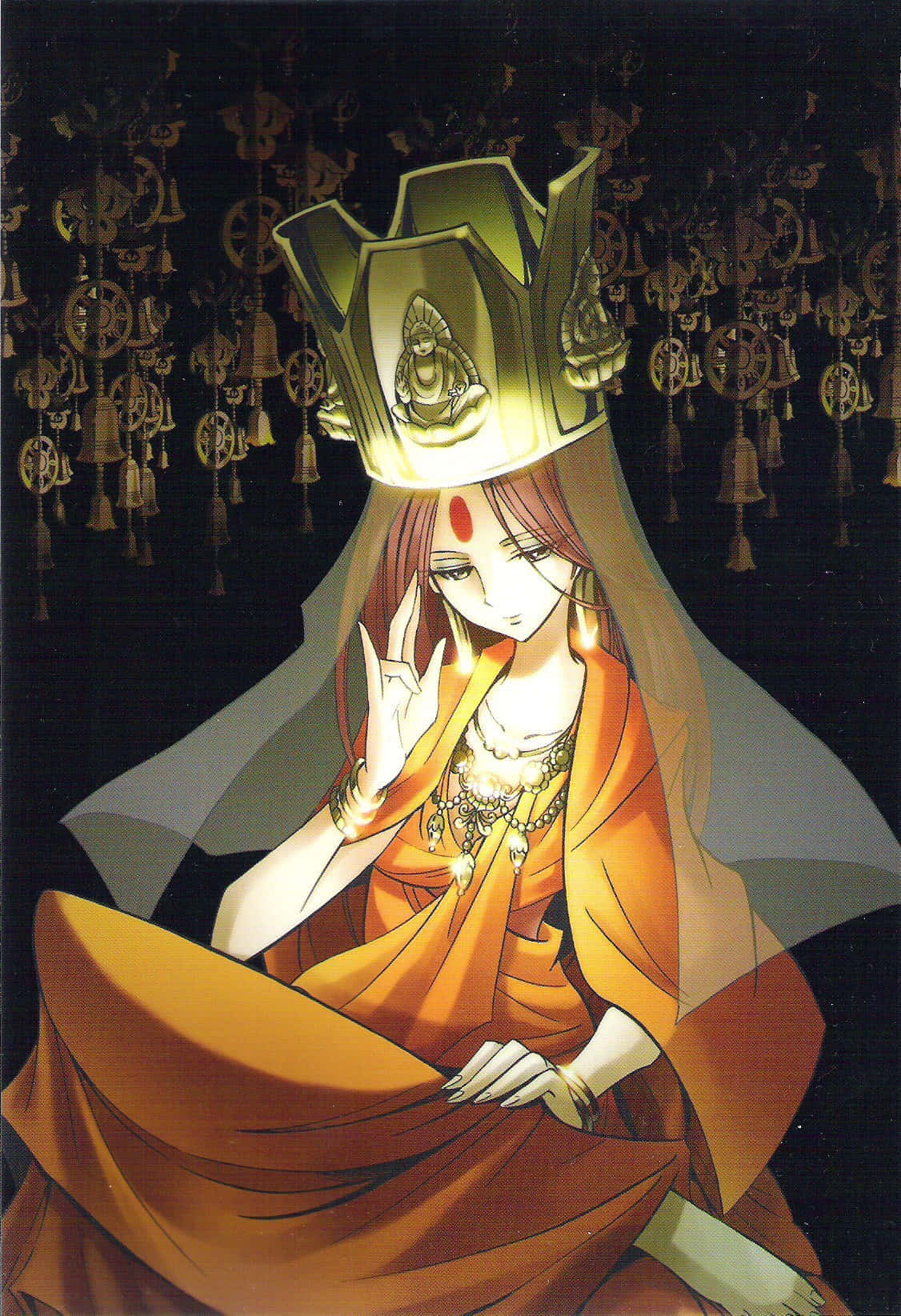 Shaman King 桌布 壁紙 — 一位身穿橙色長袍和金色皇冠的寧靜動漫女性，在黑暗背景下，靜靜地坐在懸掛的鈴鐺之間。