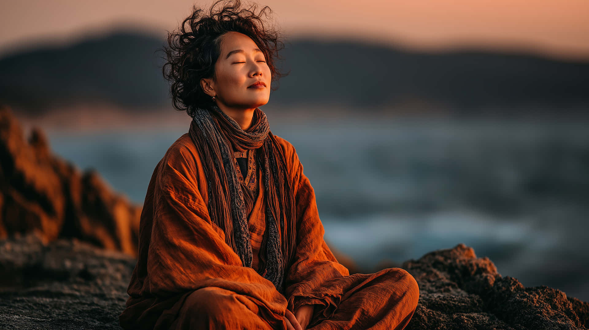 Woman in Meditation Pose on Rocky Coastline at Sunset 壁紙 — 一位身穿橙色長袍的女性在日落時分閉著眼睛平靜地坐在岩石海岸上，風吹亂了她的頭髮。