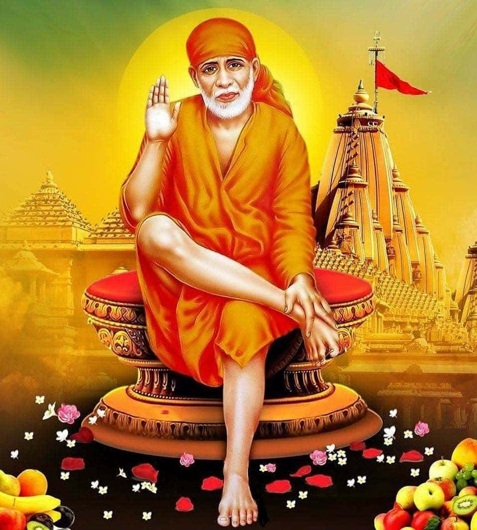 Indian 桌布 壁紙 — 一位身穿橙色長袍的寧靜印度教聖人盤腿坐在寶座上，寶座上有寺廟和水果供品，背景是金色的陽光。