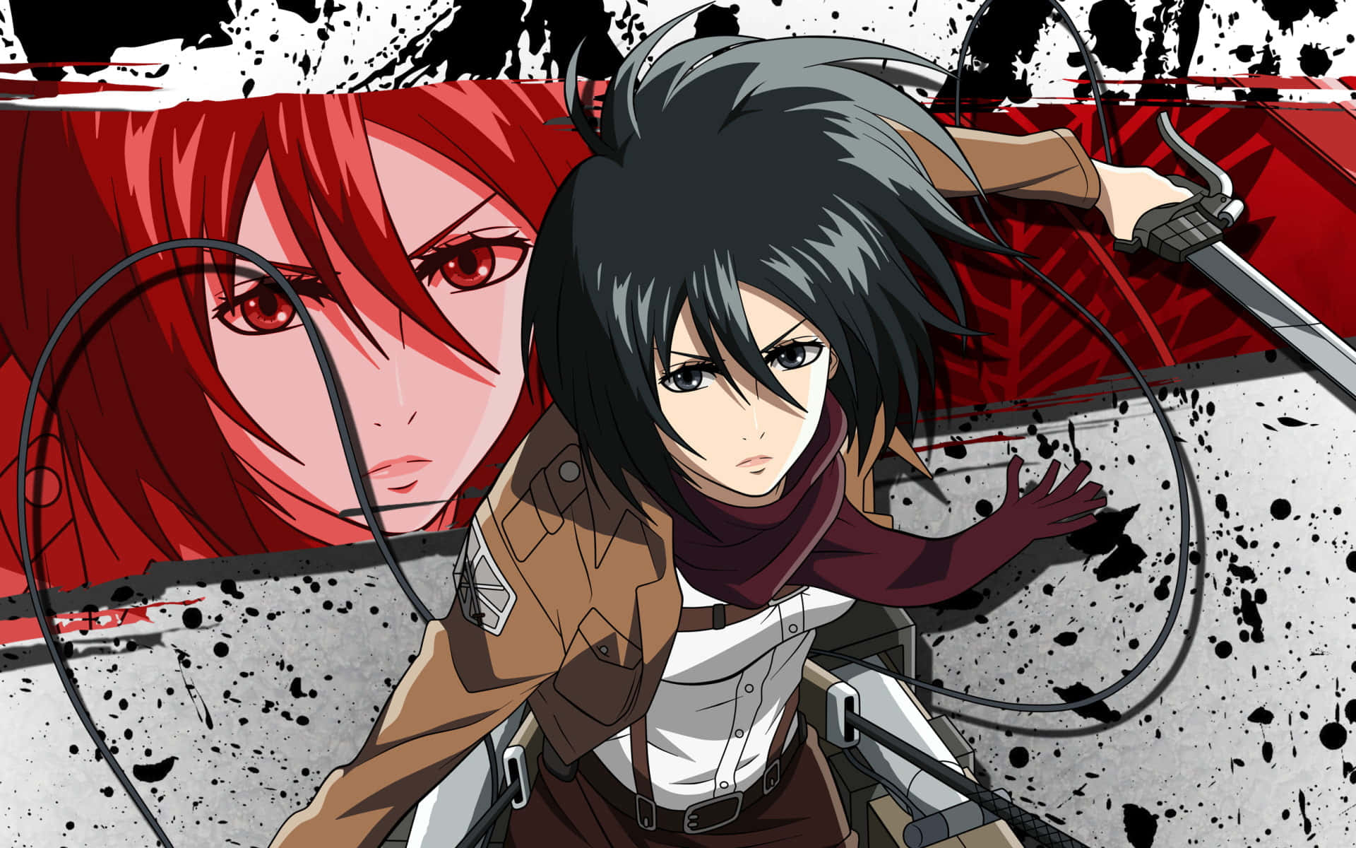Attack On Titan Poster 桌布 壁紙 — 一位身穿機動裝備的動漫戰士緊握著劍，而一位紅髮人物在她身後隱現，背景是濺灑的紅色和灰色。