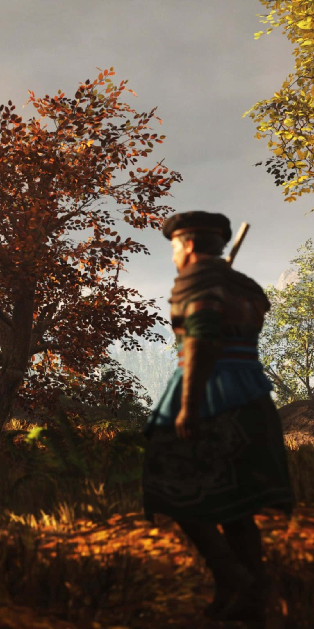 Pixel 3 Greedfall 桌布 壁紙 — 一位身穿歷史服裝的孤獨旅人，走過陽光明媚的秋日森林，金黃的樹葉和柔和的陰影。