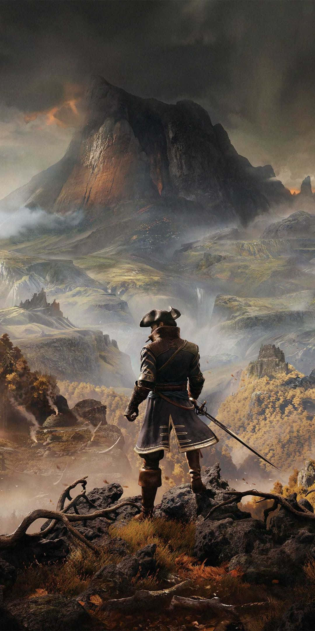 Pixel 3 Greedfall 桌布 壁紙 — 一位身穿歷史盔甲的孤獨戰士站在岩石懸崖上，俯瞰黃昏時分霧氣瀰漫的山谷。