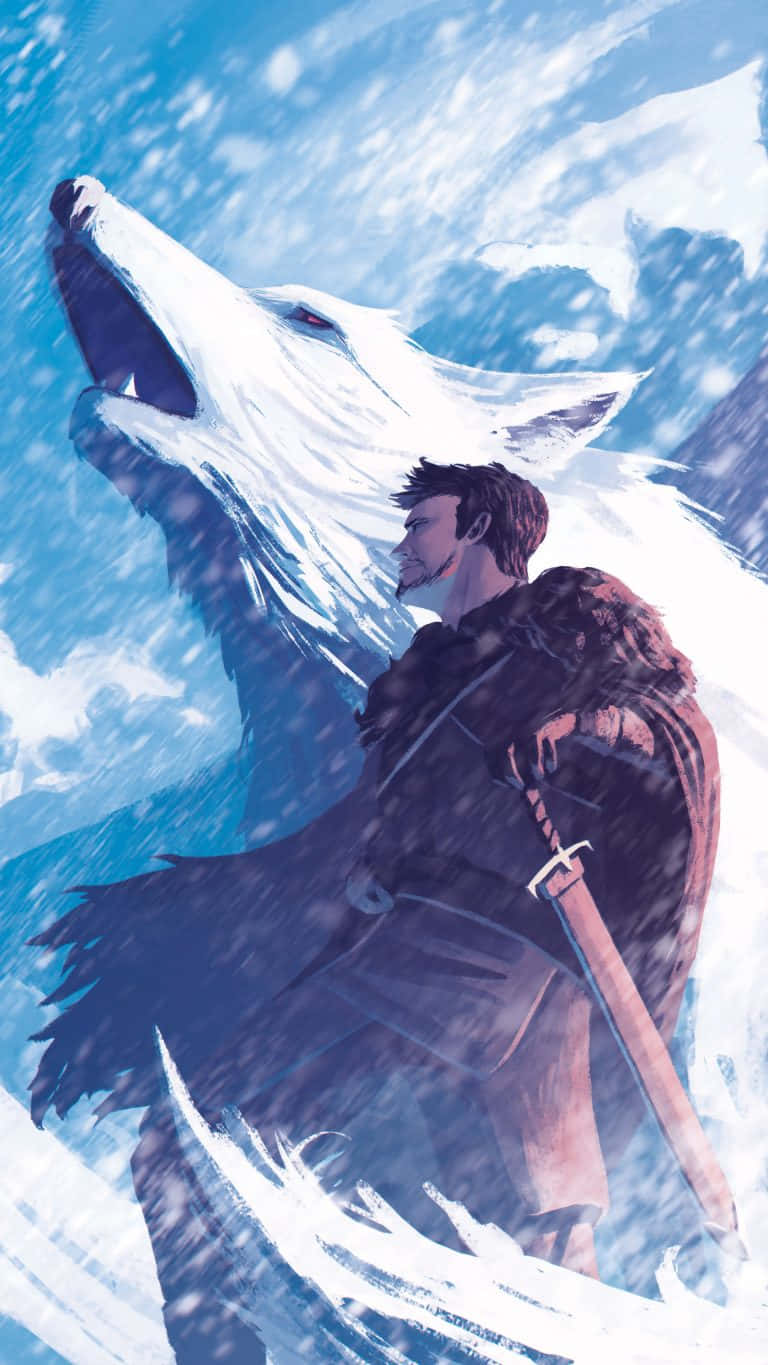 Game Of Thrones iPhone 桌布 壁紙 — 一位身穿毛皮斗篷的戰士站在一隻嚎叫的白狼旁邊，背景是白雪皚皚的山脈。