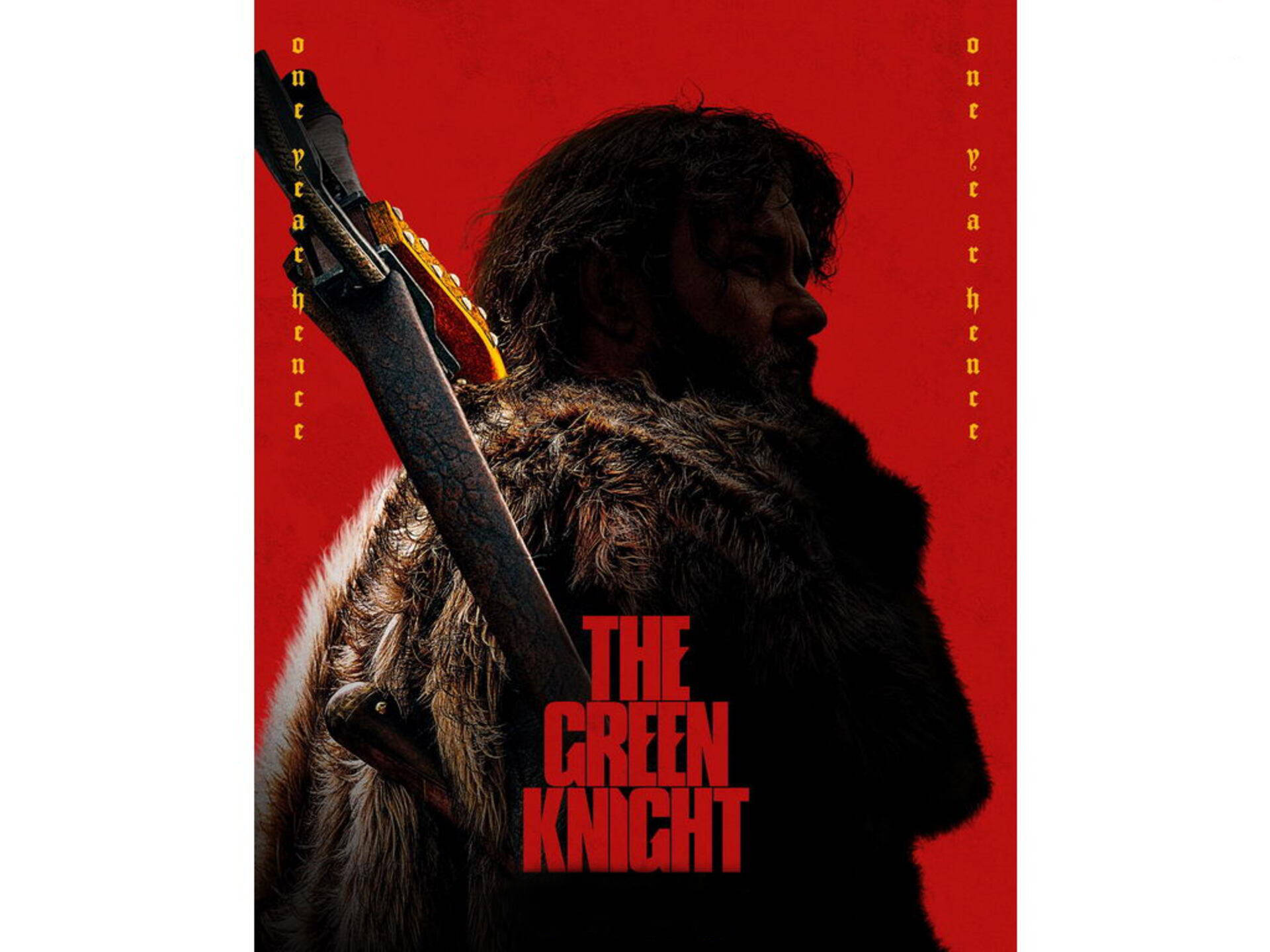 The Green Knight 桌布 壁紙 — 一位身穿毛皮斗篷的騎士在鮮紅色背景上持劍，並帶有 'one year hence' 文字。