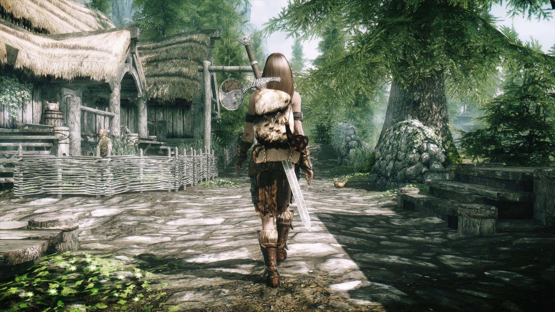 The Elder Scrolls V Skyrim 桌布 壁紙 — 一位身穿毛皮盔甲的戰士在古樹間斑駁的陽光下，從一個質樸的村莊走開。