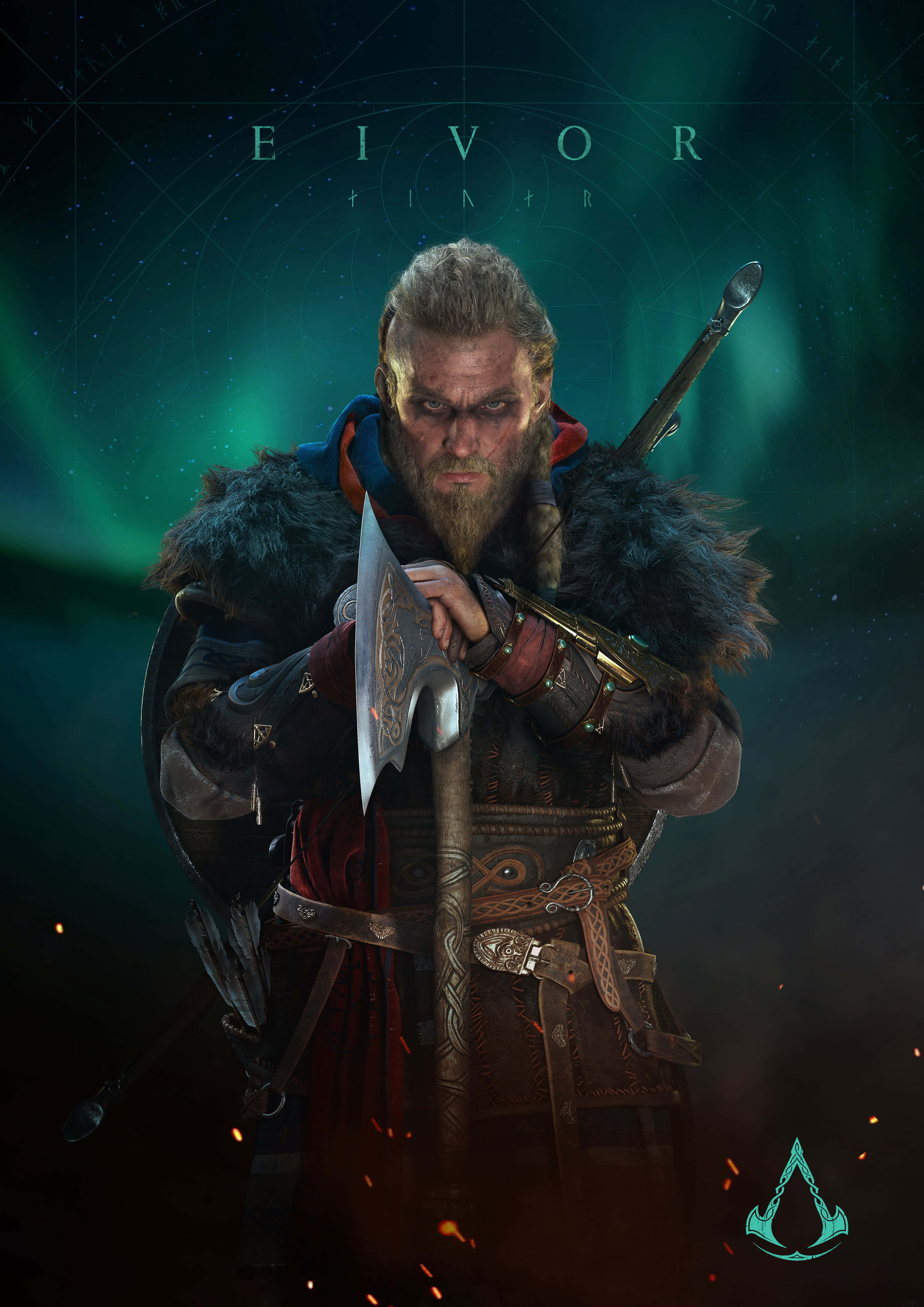 Assassin's Creed Valhalla 桌布 壁紙 — 一位身穿毛皮襯裡斗篷、手持斧頭的維京戰士，站在發光的綠色極光背景下。