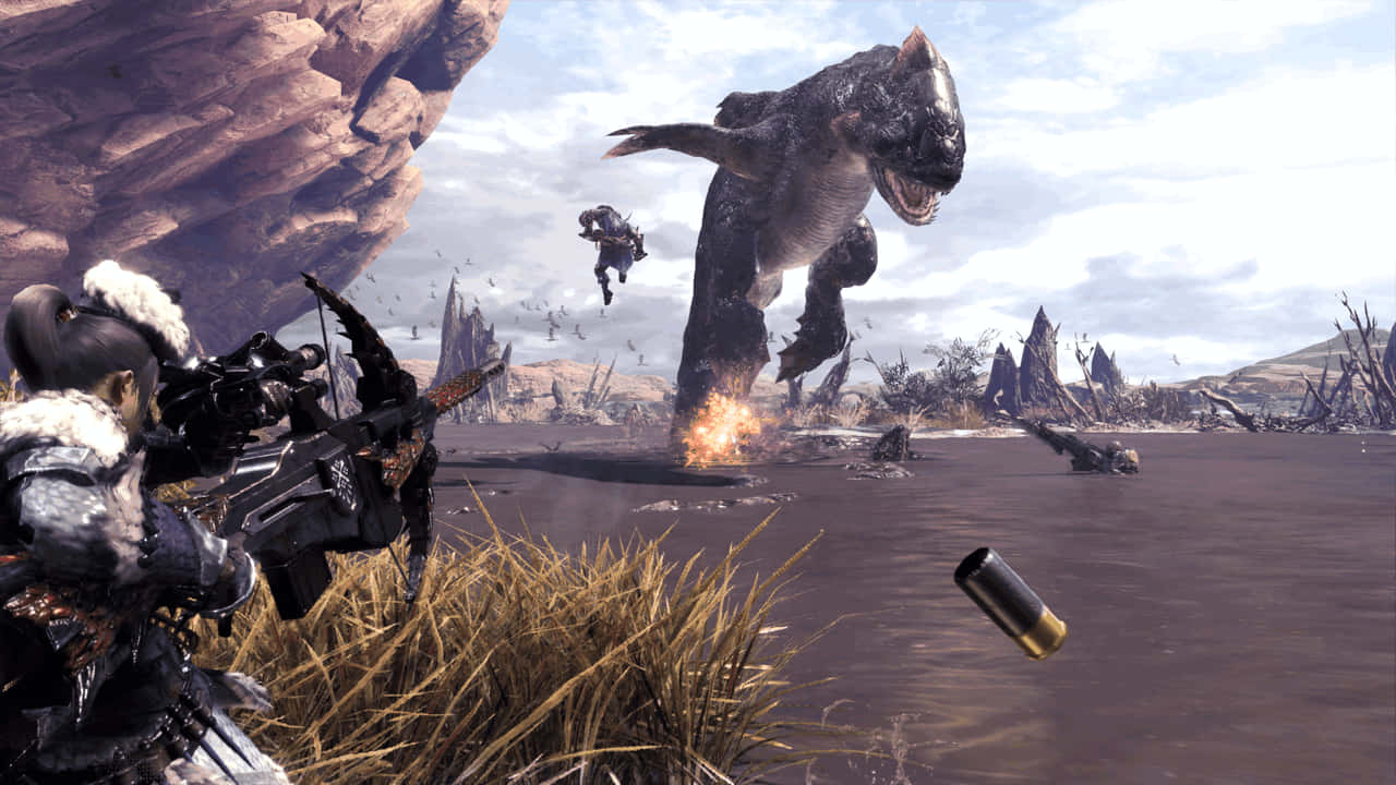 720p Monster Hunter World 桌布 壁紙 — 一位身穿毛皮襯裡盔甲的獵人，在荒涼的岩石景觀中，瞄準一隻跳躍的怪獸，並有一隻飛行夥伴。