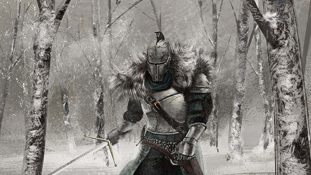 騎士 桌布 壁紙 — 一位身穿毛皮襯裡盔甲的騎士，在白雪覆蓋的森林中揮舞著劍，周圍是光禿禿的樹木和飄落的雪花。