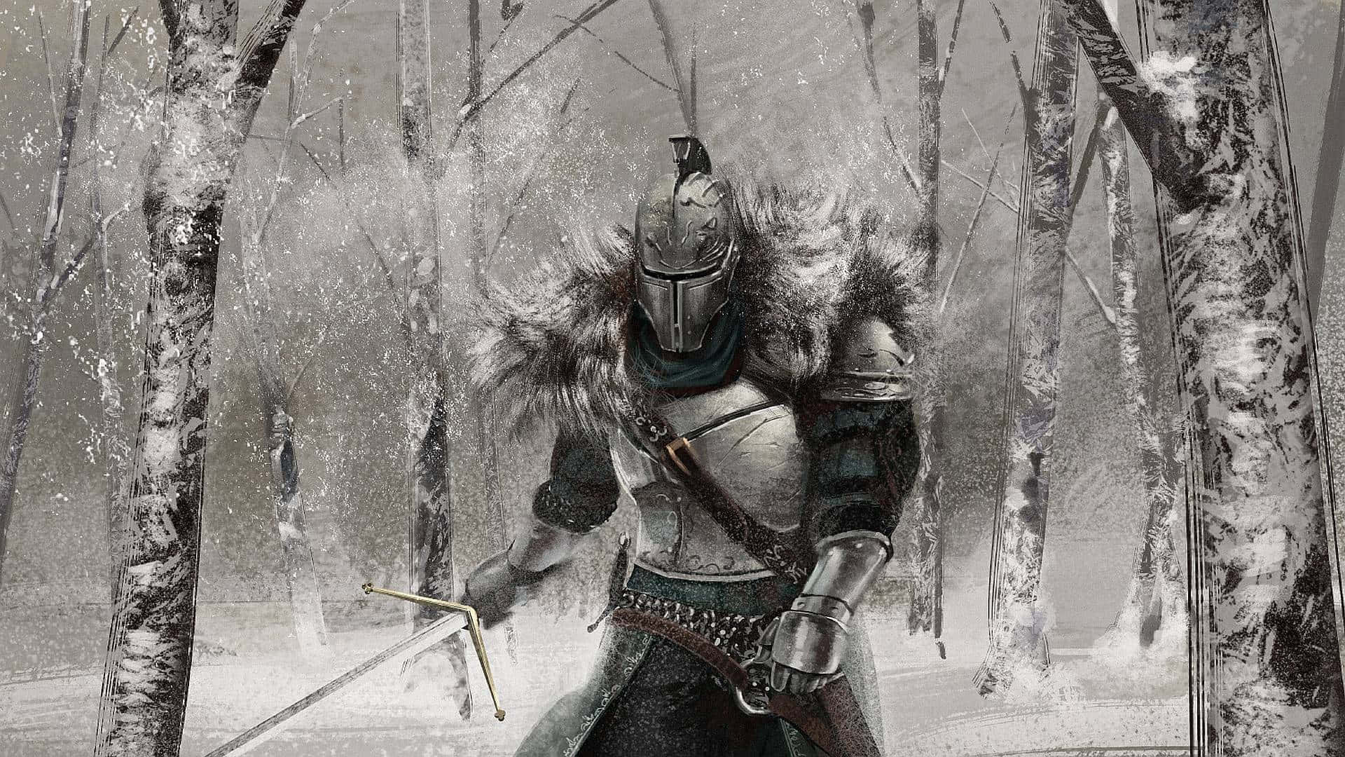 黑暗靈魂 桌布 壁紙 — 一位身穿毛皮襯裡盔甲的騎士在白雪覆蓋的白樺林中，在陰天天空下持劍站立。