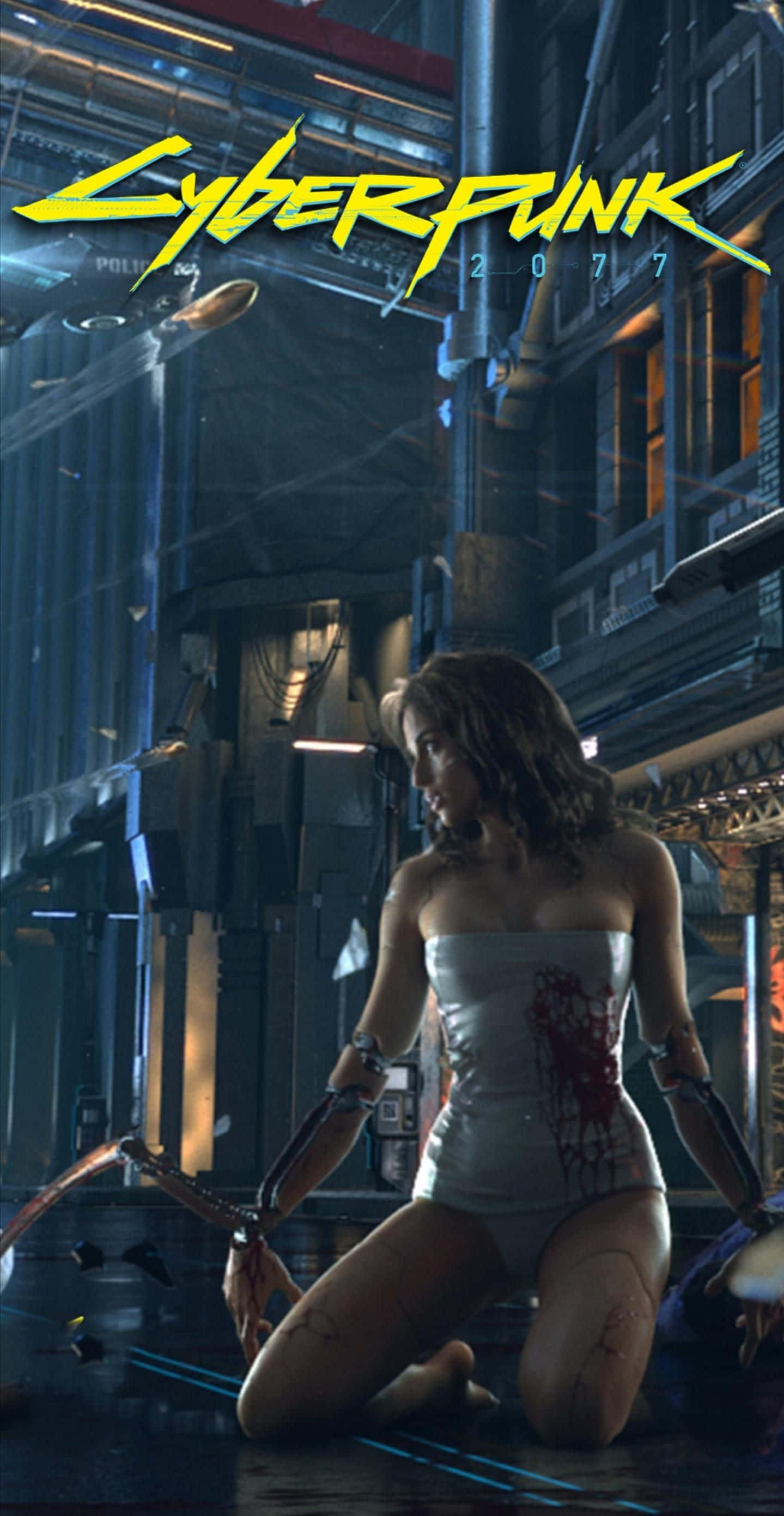 Pixel 3 Cyberpunk 2077 桌布 壁紙 — 一位身穿沾血白色服裝的賽博龐克女性，在『Cyberpunk 2077』標誌下，跪在霓虹燈照亮、雨水浸濕的小巷中。