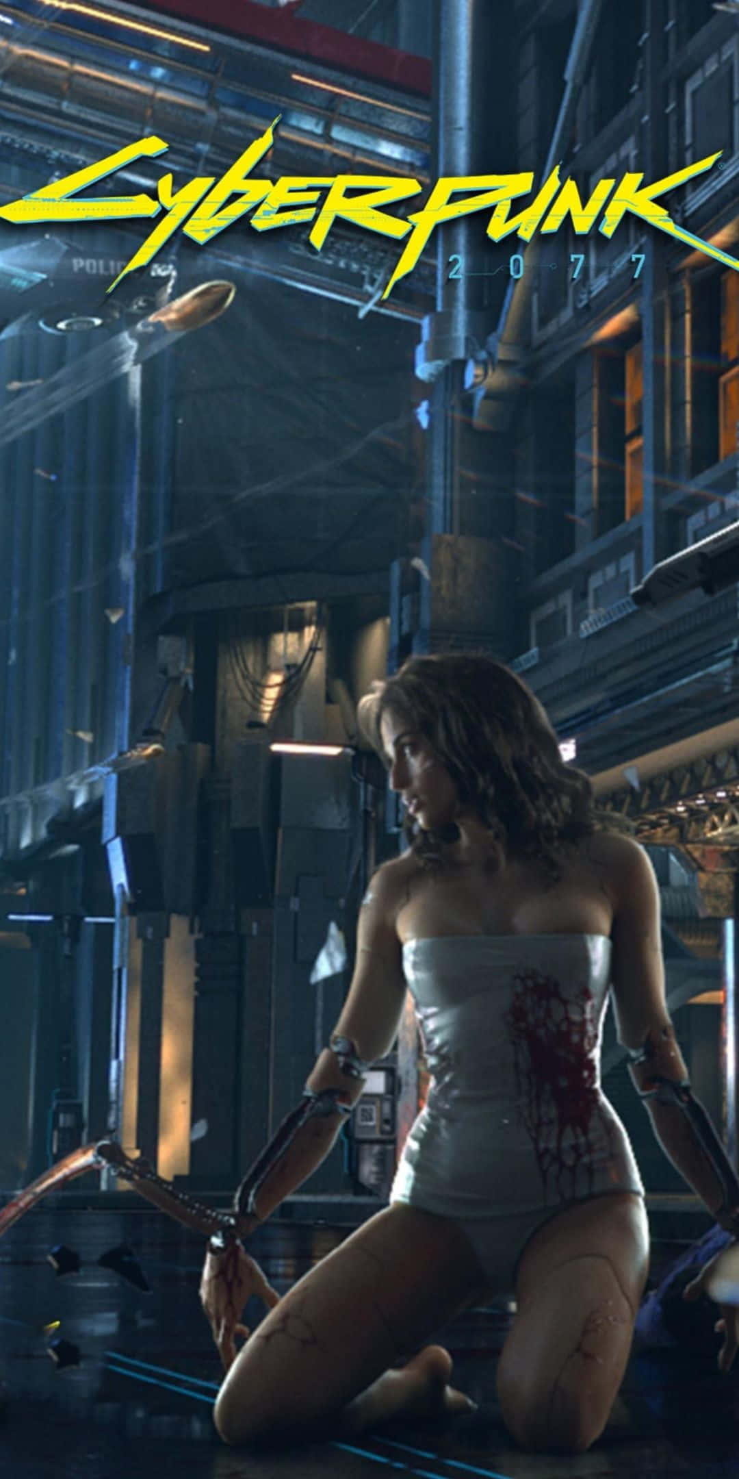 Pixel 3 Cyberpunk 2077 桌布 壁紙 — 一位身穿沾血白色服裝的賽博龐克女性，跪在霓虹燈照亮的反烏托邦小巷中。