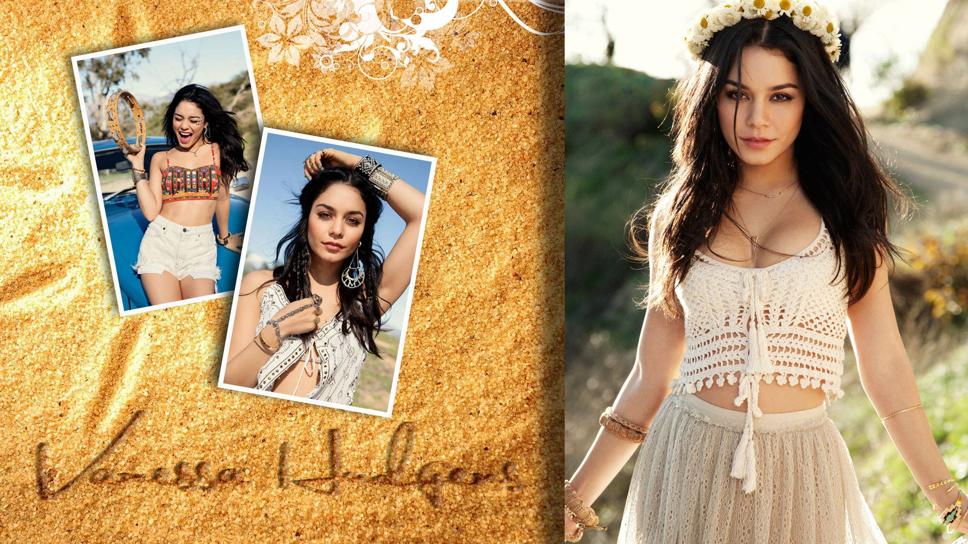 Vanessa Hudgens 桌布 壁紙 — 一位身穿波希米亞鉤針編織服飾、頭戴雛菊花環的女性，站在質感金色背景前的復古照片旁。