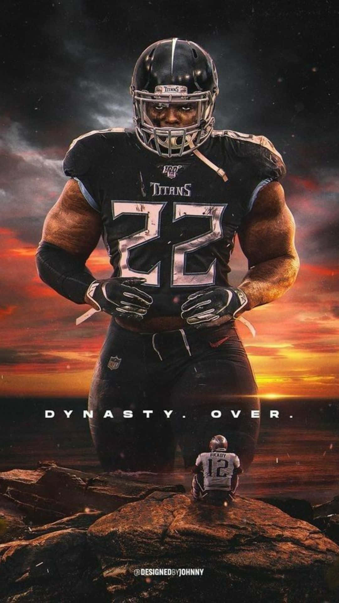 NFL 桌布 壁紙 — 一位身穿泰坦裝備的高大NFL球員，在火紅的夕陽天空下，站在跪地的對手之上。