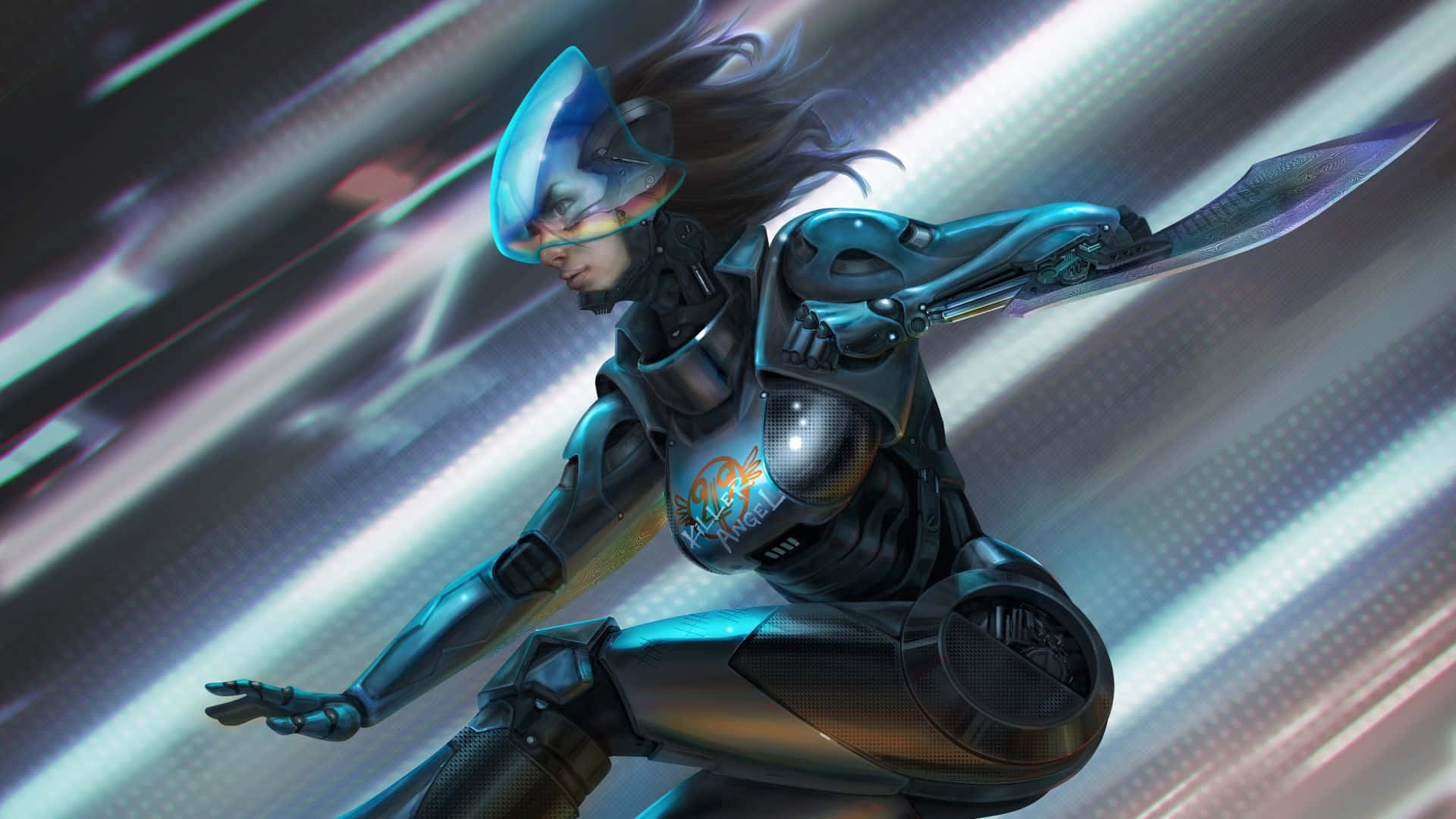 Alita Battle Angel 桌布 壁紙 — 一位身穿流線型藍色裝甲的未來女戰士，在條紋霓虹賽博龐克背景下揮舞著發光的刀刃。