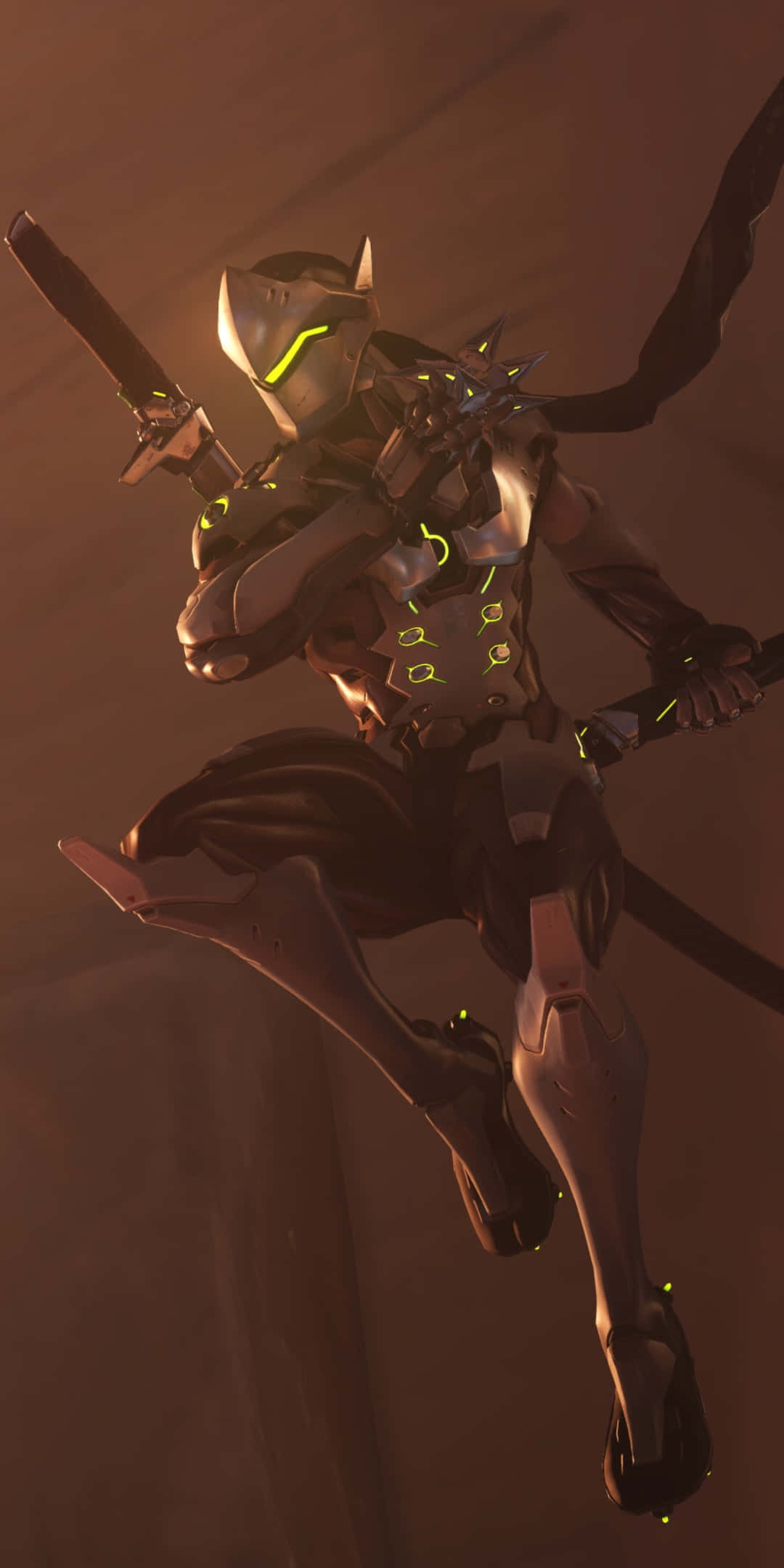 Overwatch Genji 桌布 壁紙 — 一位身穿流線型裝甲、帶有發光綠色點綴的未來戰士，在朦朧的棕色背景上動態跳躍。