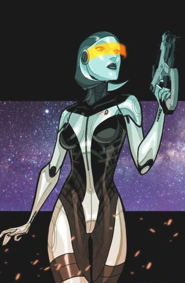 Mass Effect Edi 桌布 壁紙 — 一位身穿流線型銀色盔甲的未來女戰士，站在繁星點點的紫色銀河前，手持發光武器。