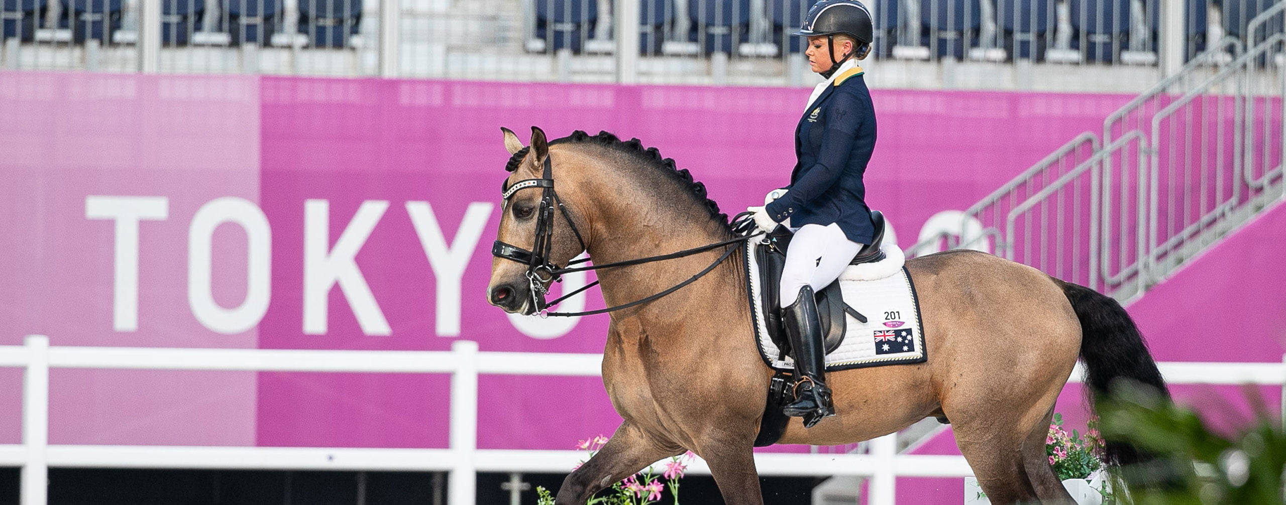 Olympics 桌布 壁紙 — 一位身穿海軍藍和白色的騎手，在充滿活力的粉紅色東京背景下，騎著一匹栗色馬參加馬術比賽。