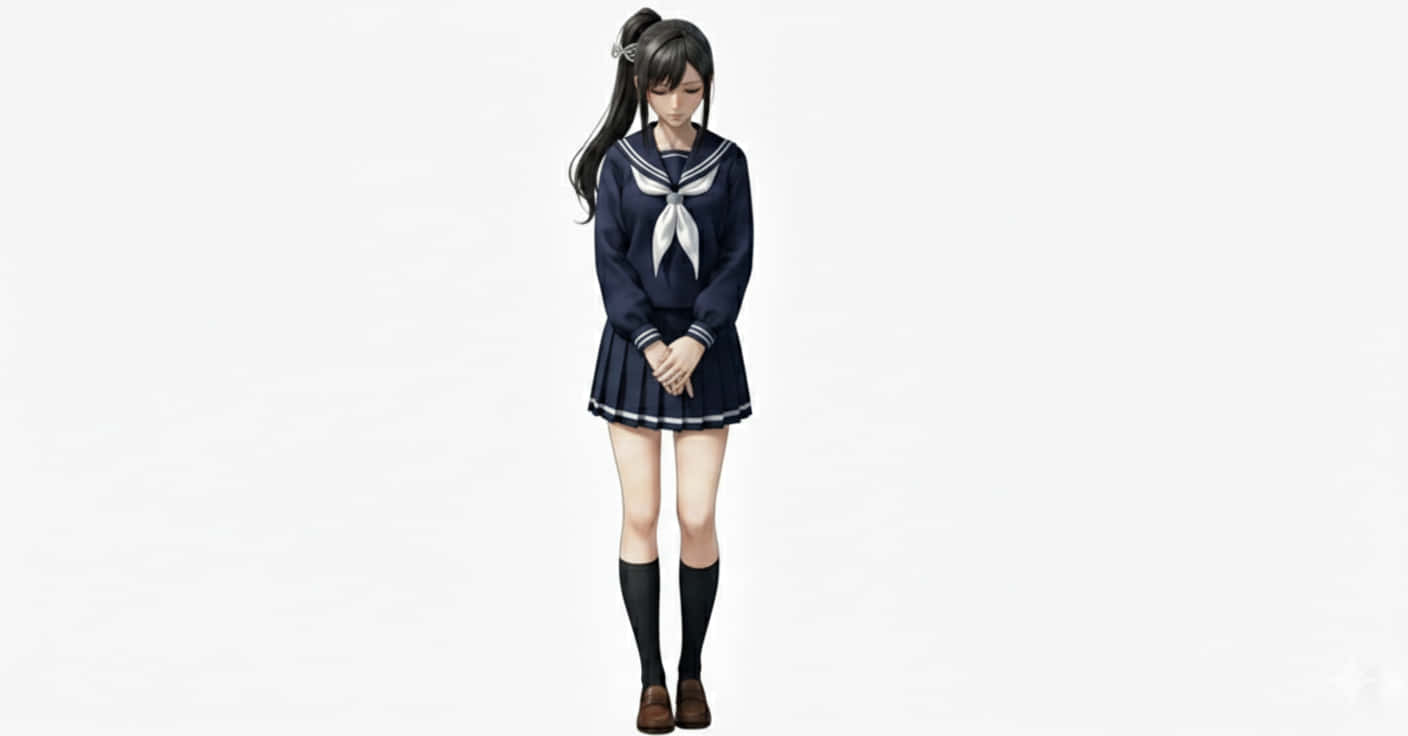 動漫 桌布 壁紙 — 一位身穿海軍藍水手服、帶白色飾邊的年輕動漫女孩，站在純白色背景前。