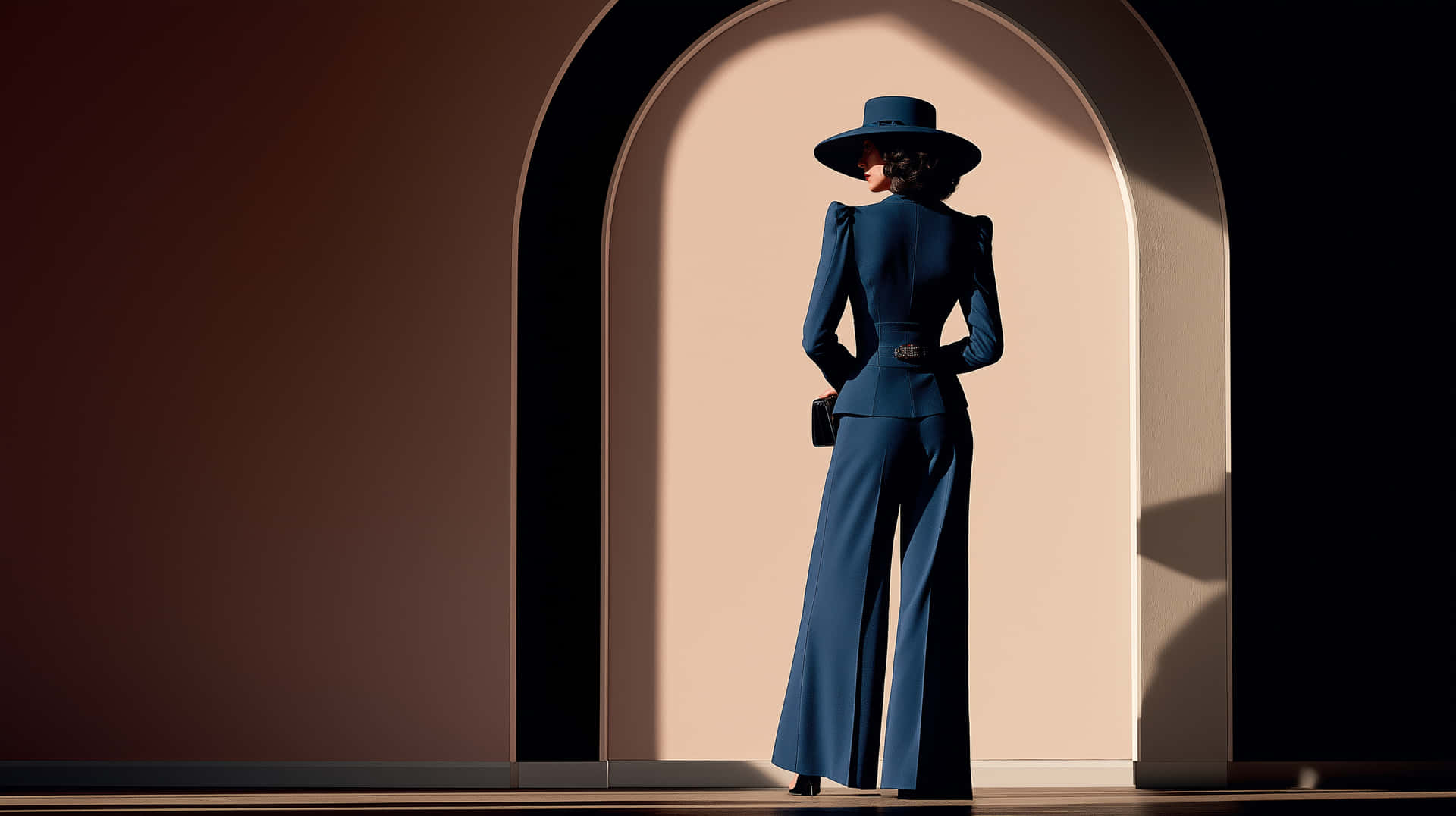 Elegant Woman in Blue Vintage Gown and Straw Hat at Archway 壁紙 — 一位身穿海軍藍西裝和帽子的女士，在陽光普照的拱形門口內以剪影站立。