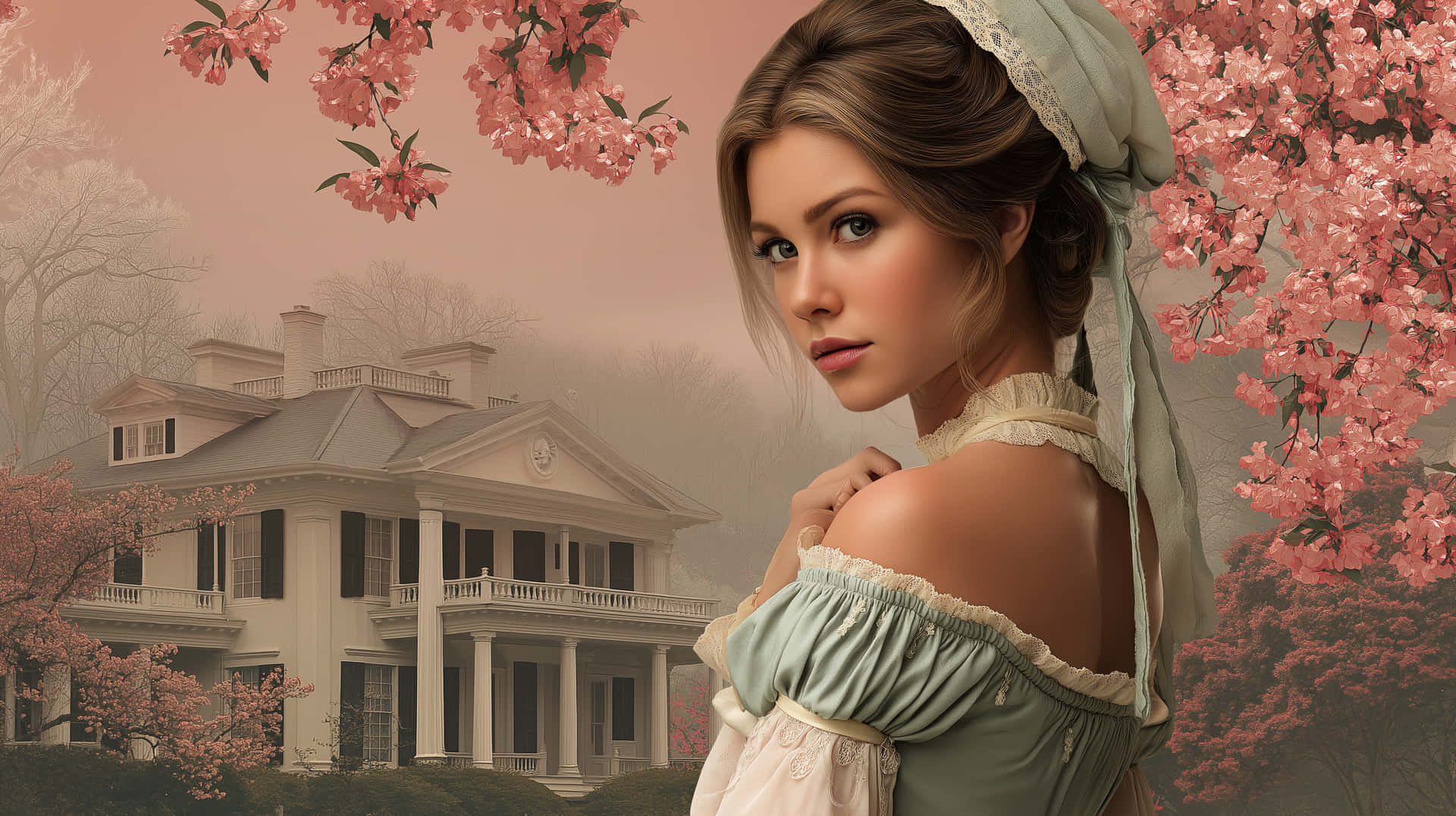 Regency Era Lady by Grand House 壁紙 — 一位身穿淡綠色古裝的女子站在盛開的粉紅色櫻花樹下，朦朧的背景中有一座宏偉的白色大宅。