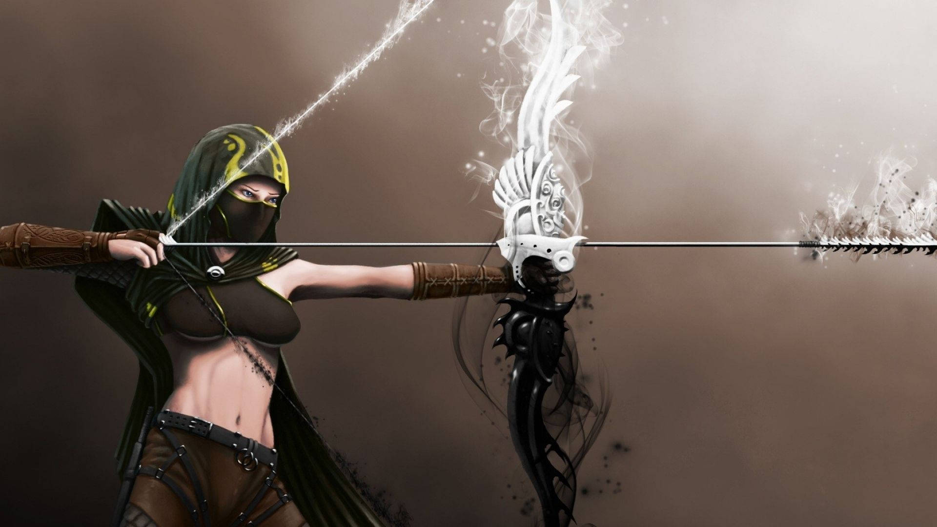 Archery 桌布 壁紙 — 一位身穿深綠色和金色兜帽的弓箭手，在煙霧繚繞的棕色背景下，用神秘之弓瞄準一支發光的箭。