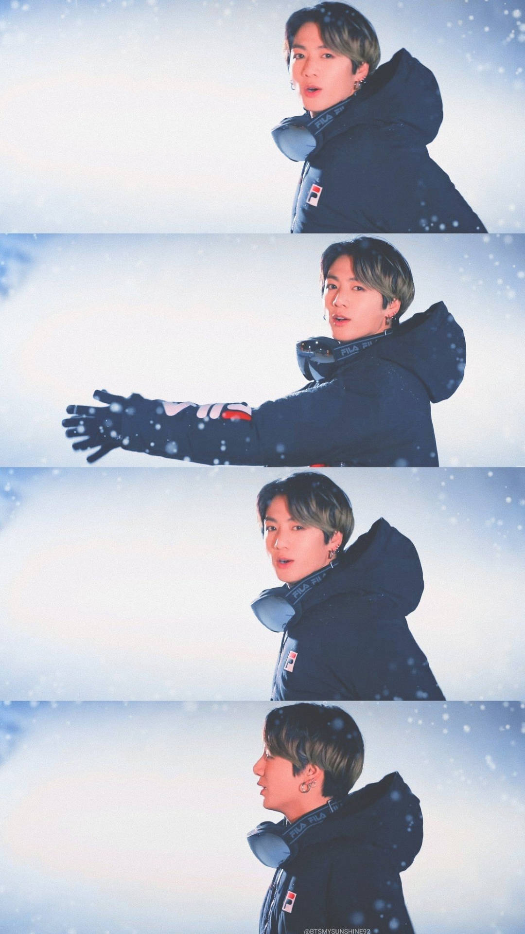 BTS 桌布 壁紙 — 一位身穿深色冬季外套的年輕男子站在飄雪中，以四種富有表現力的姿勢在明亮的白色天空下被捕捉。