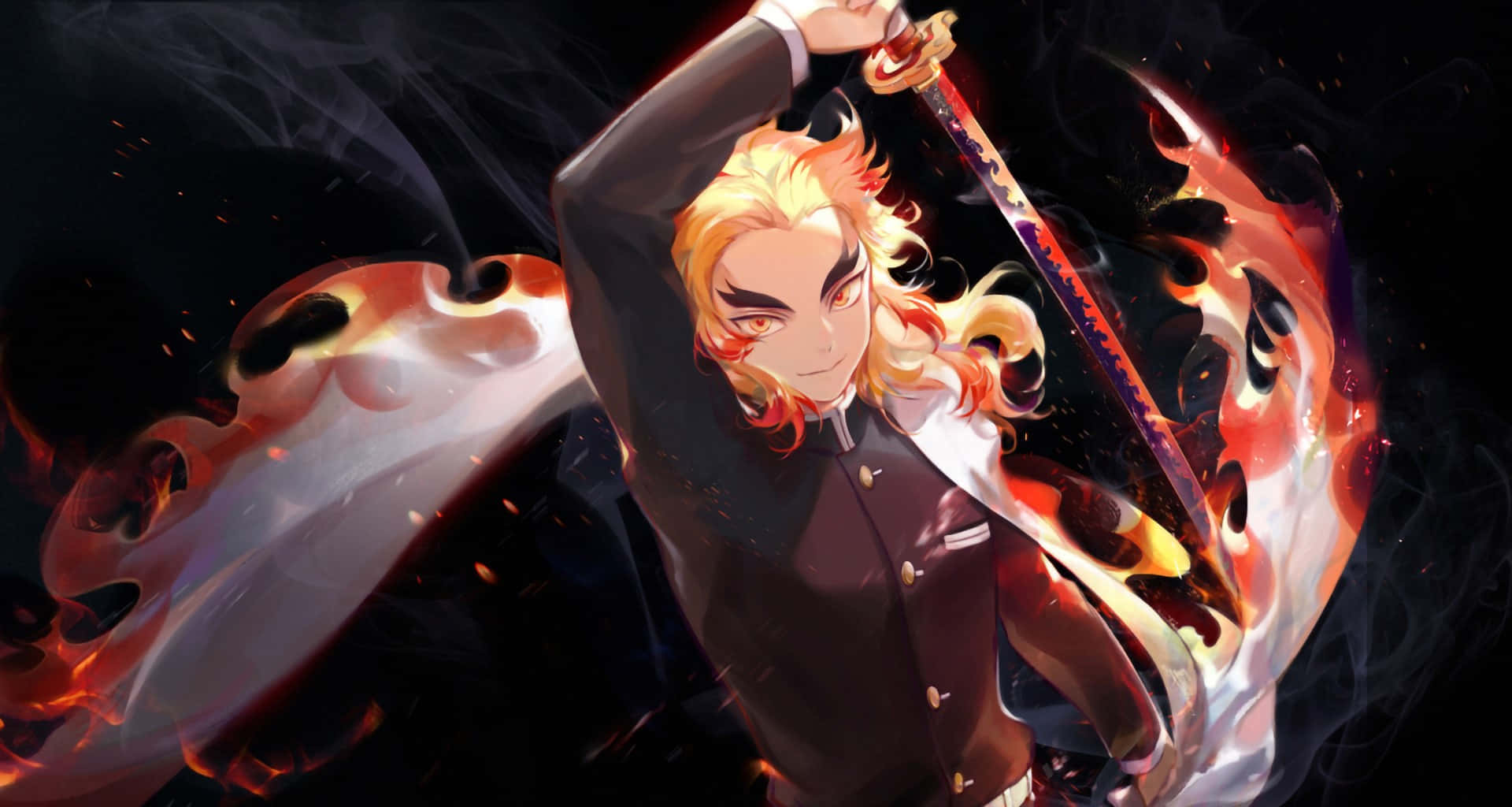Rengoku Sword 桌布 壁紙 — 一位身穿深色制服、火焰般頭髮的動漫戰士，在黑色背景前揮舞著一把被旋轉火焰包圍的發光劍。
