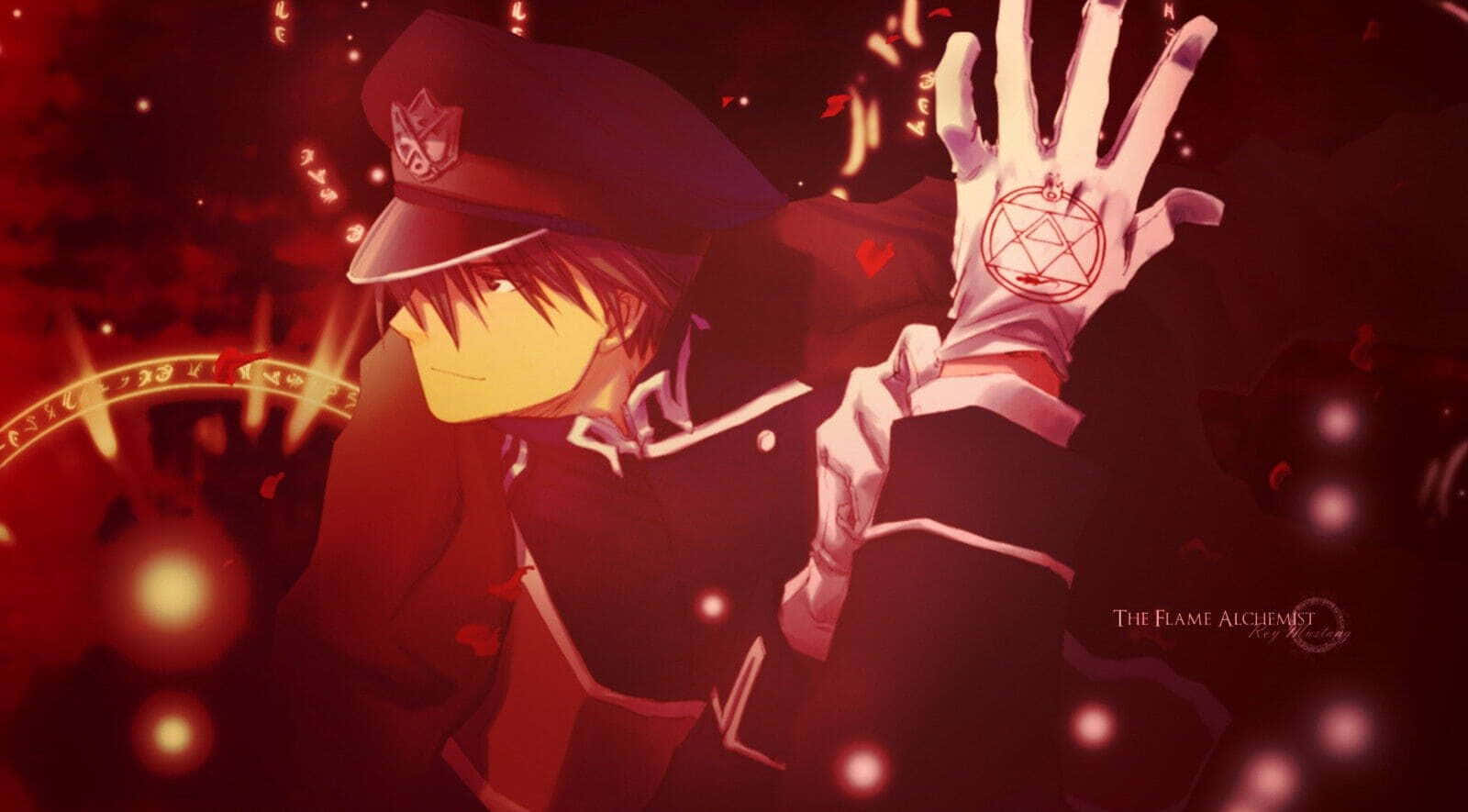 Roy Mustang 桌布 壁紙 — 一位身穿深色制服的年輕動漫煉金術師舉起一隻帶有五角星發光的手，周圍環繞著火紅的火花和魔法符文。