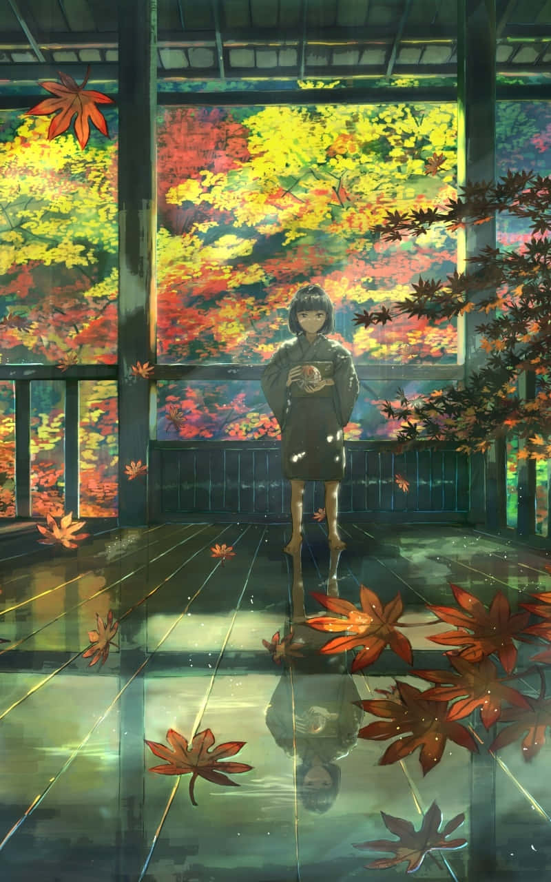 reflection 桌布 壁紙 — 一位身穿深色和服的年輕女孩站在傳統日本建築內的濕木地板上，周圍鮮豔的秋楓葉在光滑的表面反射。