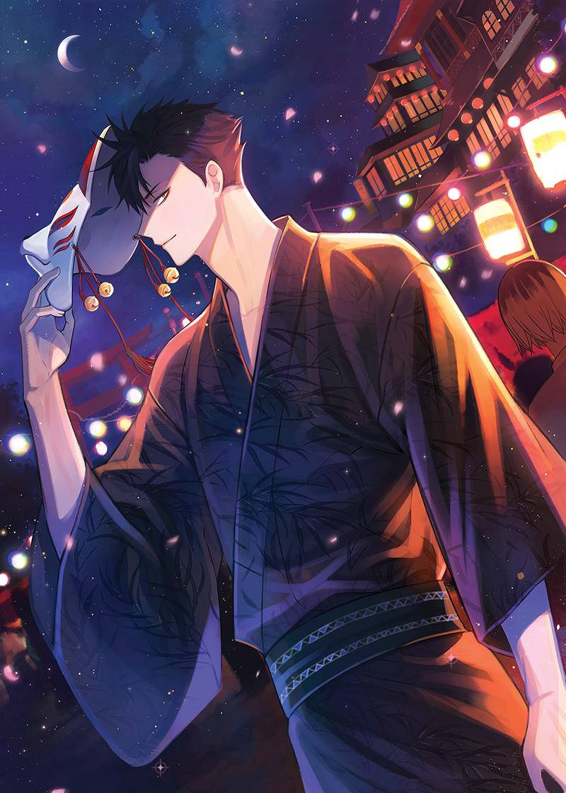 Kuroo 桌布 壁紙 — 一位身穿深色和服的年輕男子在星空下手持狐狸面具，周圍有發光的燈籠和傳統建築。