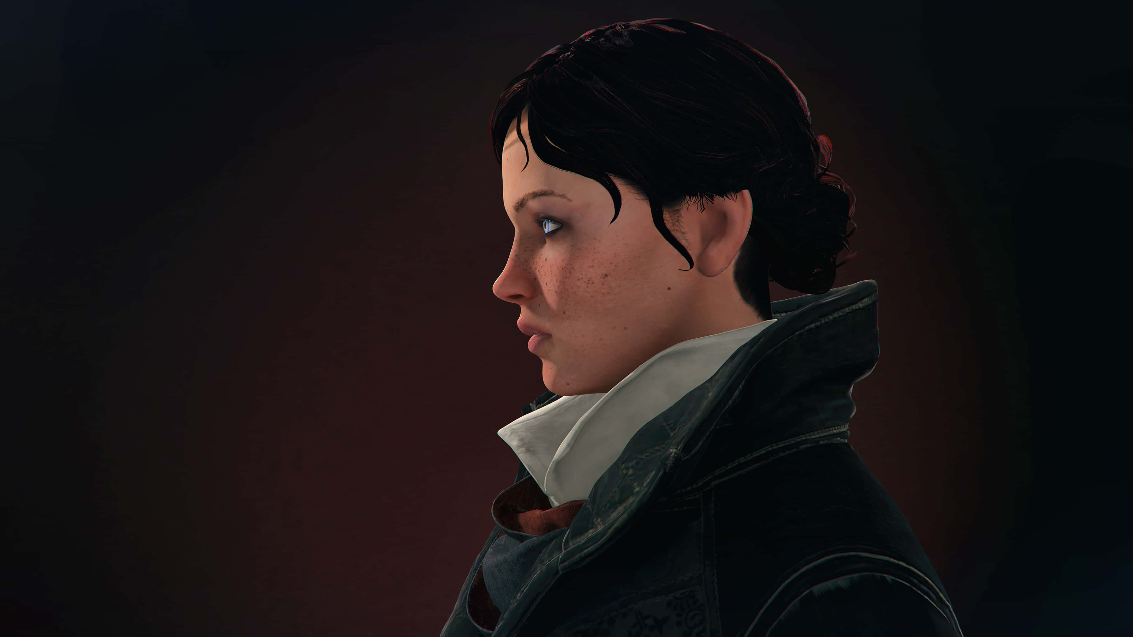 Evie Frye 桌布 壁紙 — 一位身穿深色外套、白色領子的女性，在昏暗的紅色背景下若有所思地凝視著。
