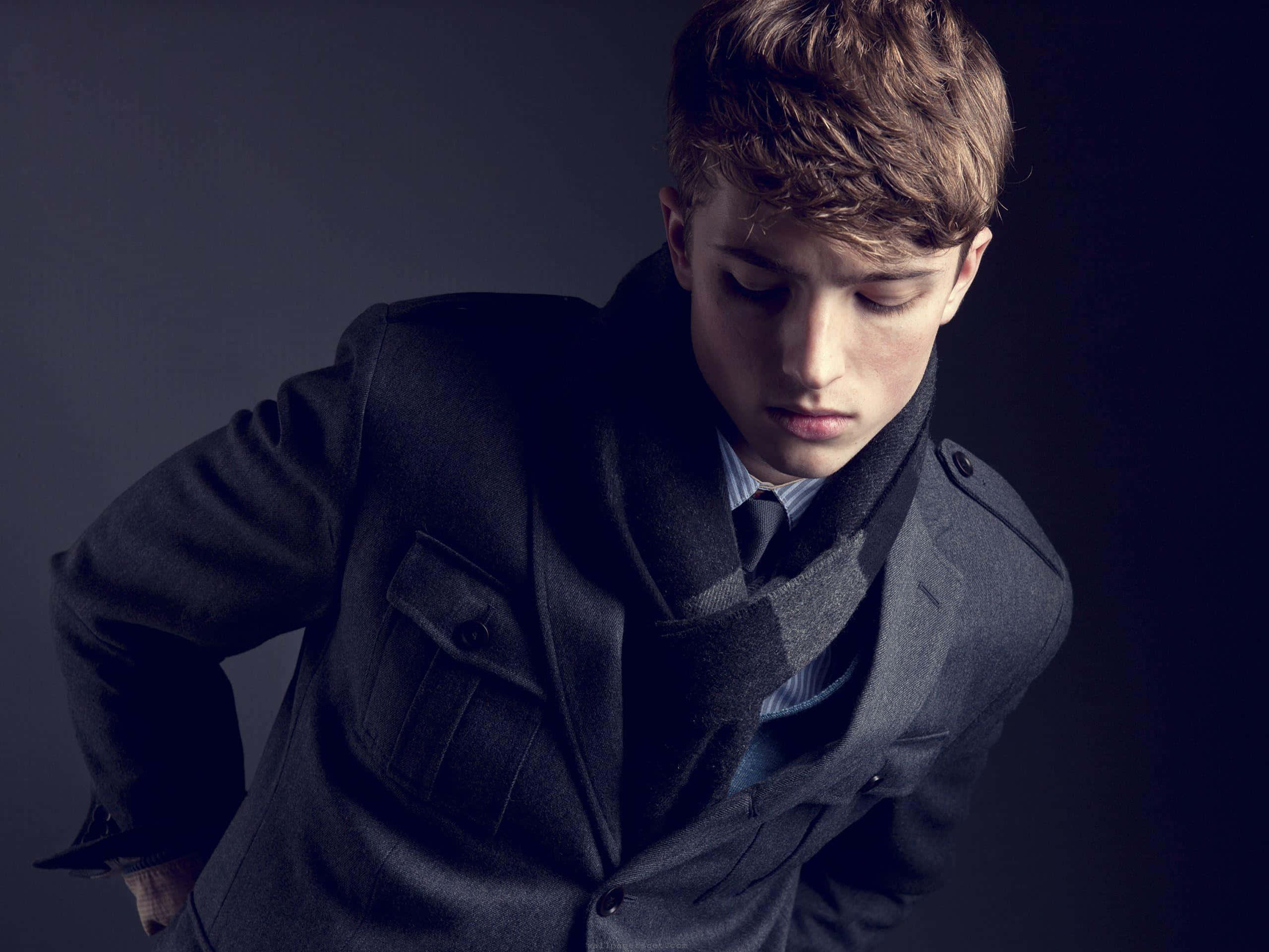 Mens Fashion 桌布 壁紙 — 一位身穿深色外套和圍巾的年輕男子，在柔和的灰色背景前，表情嚴肅地向下看。