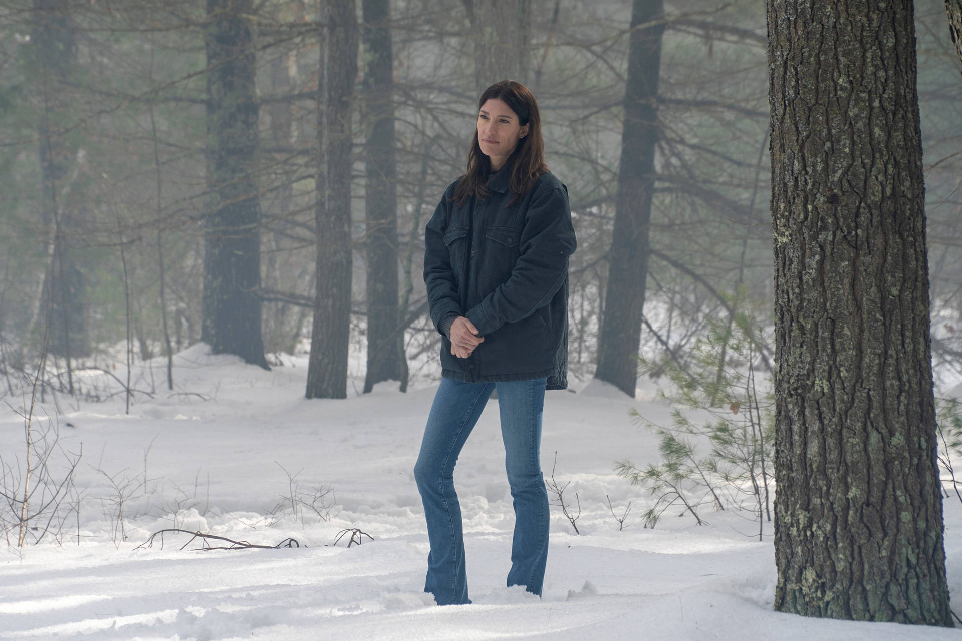  壁紙 — 一位身穿深色外套和牛仔褲的女性獨自站在雪地森林中，周圍是光禿的樹木和輕柔的薄霧。