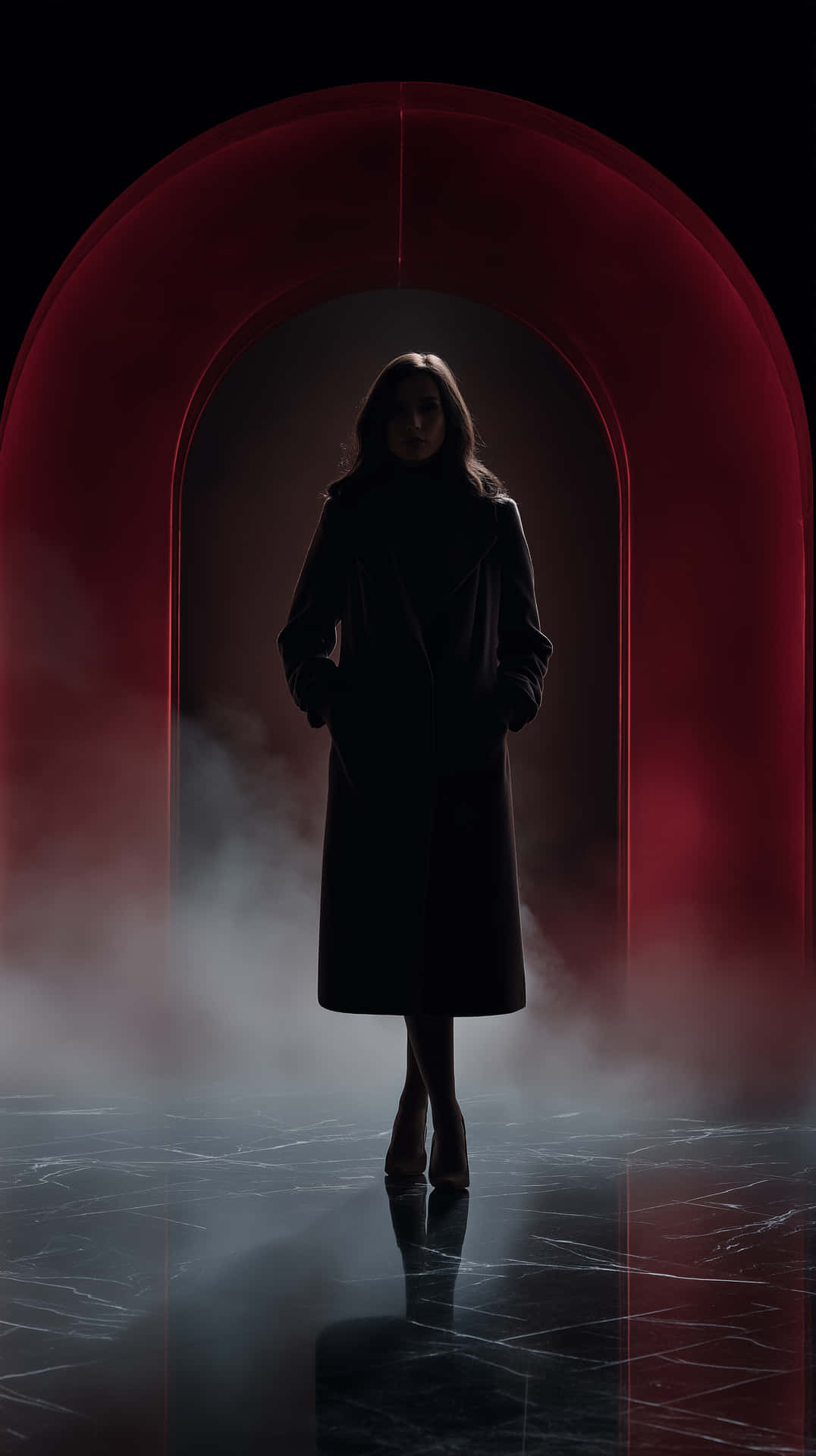 Ultra-realistic cinematic still of a mysterious woman 壁紙 — 一位身穿深色外套的女性在發光的紅色拱門內形成剪影，霧氣在她反光的地板周圍旋轉。