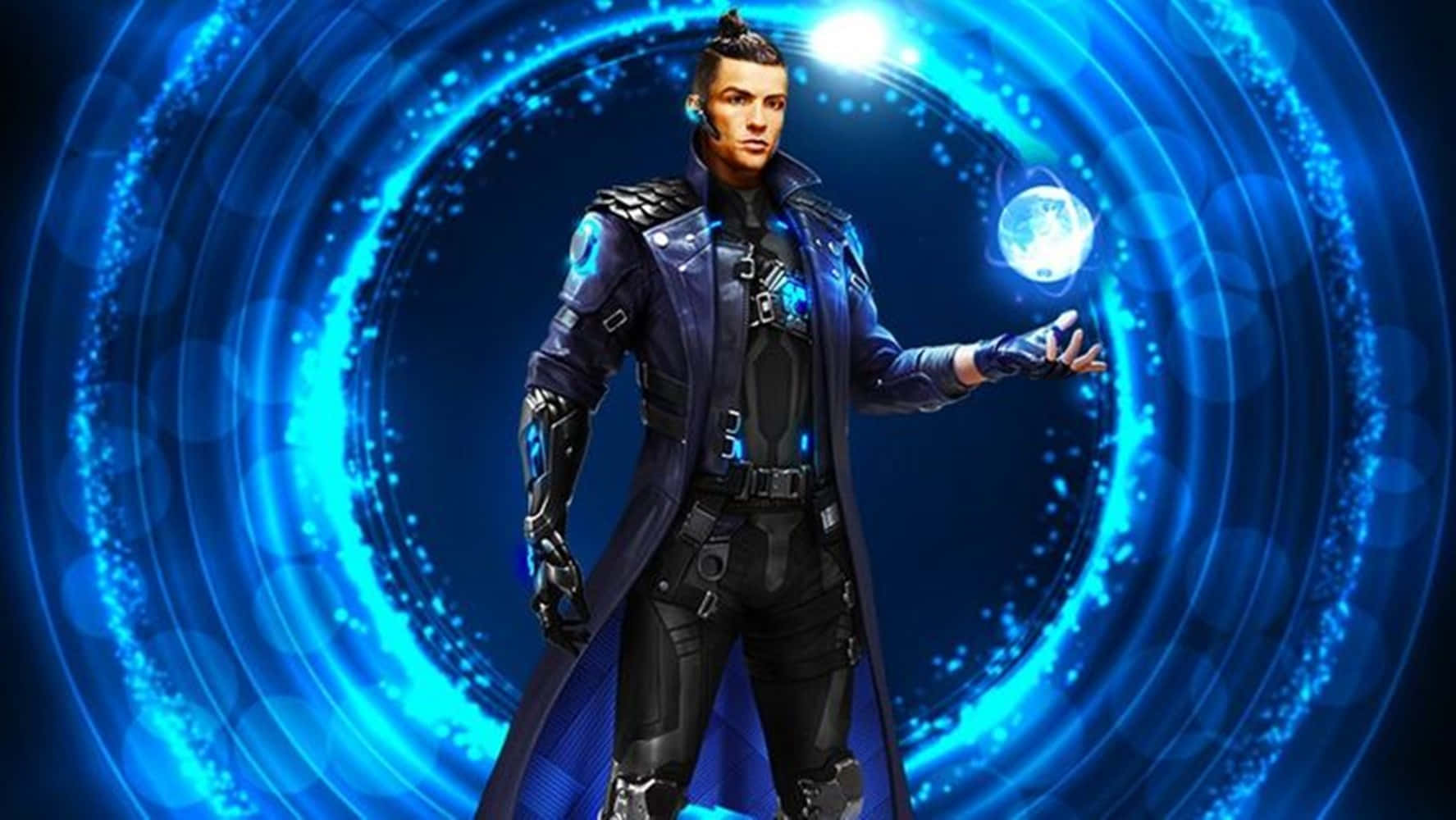 Free Fire Character 桌布 壁紙 — 一位身穿深色外套的未來戰士，站在發光的藍色能量環中，手持一個漂浮的光球。