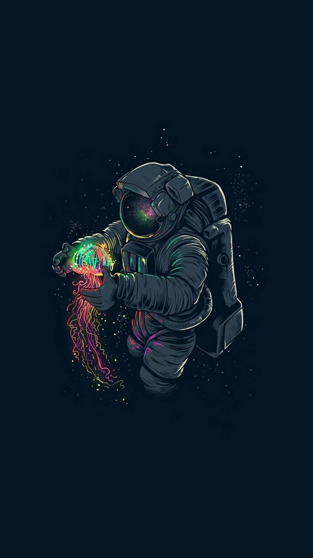 桌布 壁紙 — 一位身穿深色太空衣的太空人，在繁星點點的宇宙背景下，輕輕地抱著一隻發光的霓虹水母。