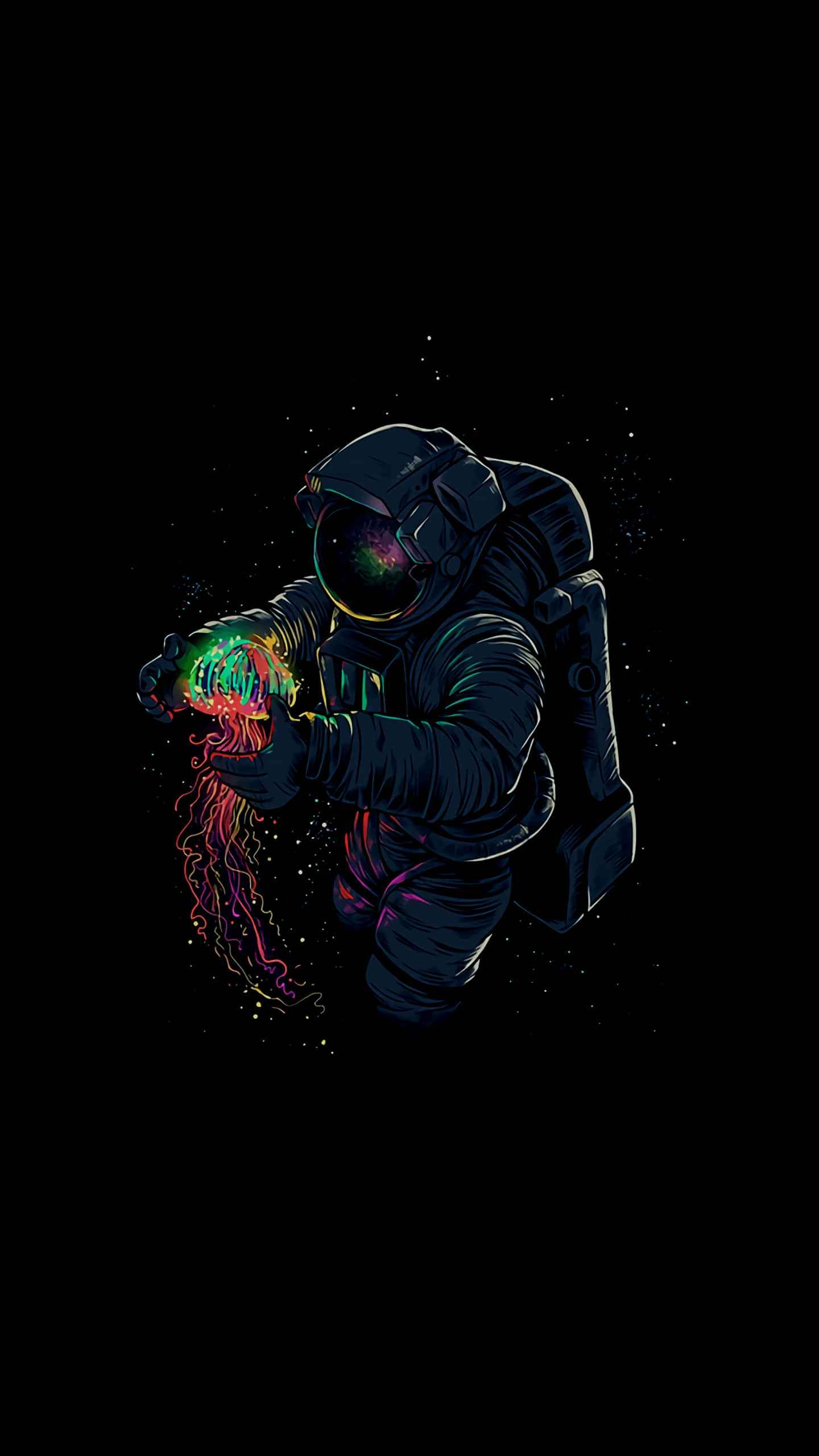 AMOLED 桌布 壁紙 — 一位身穿深色太空衣的太空人，在繁星點點的黑色虛空中，輕輕捧著一個發光的霓虹水母。