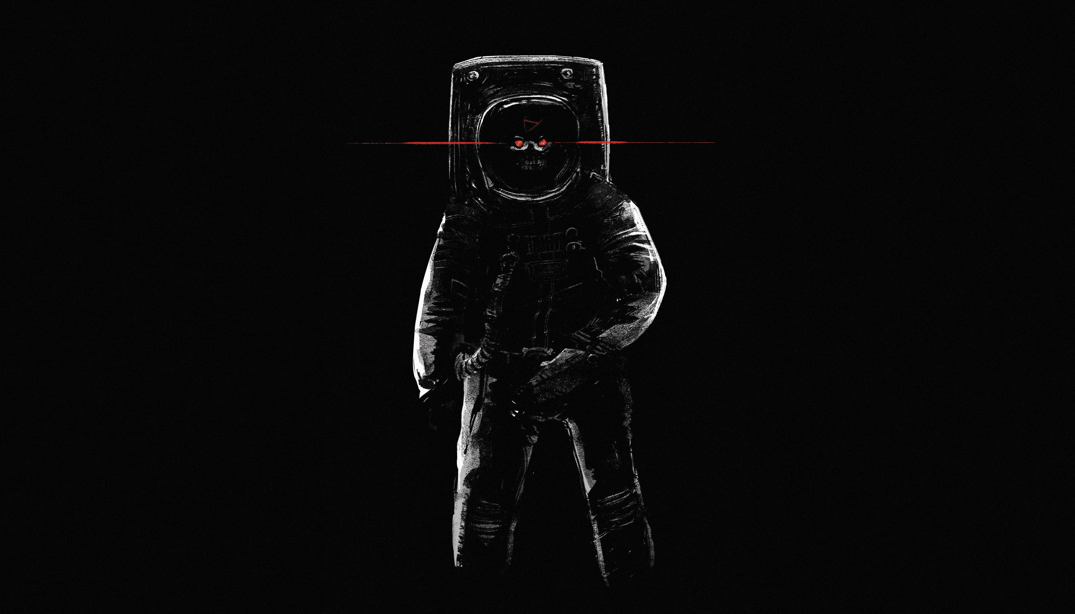 astronaut aesthetic 桌布 壁紙 — 一位身穿深色太空衣的孤獨太空人，在黑色虛空中站立，頭盔內可見發光的紅色眼睛。