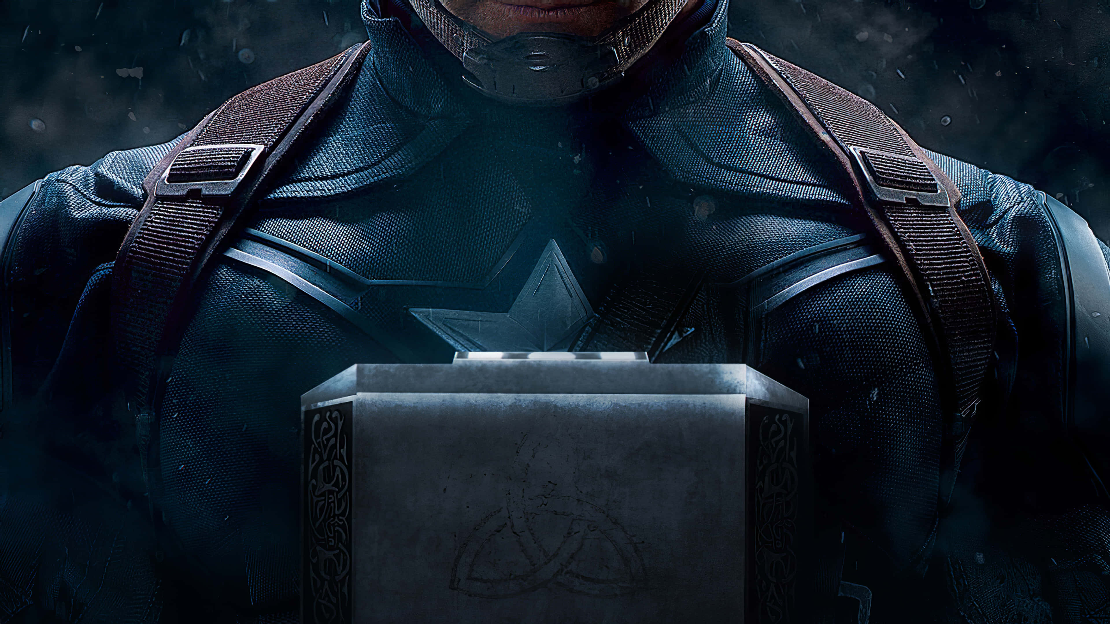 桌布 壁紙 — 一位身穿深色戰術裝備的超級英雄在暴風雨背景下手持一個發光的神秘盒子。