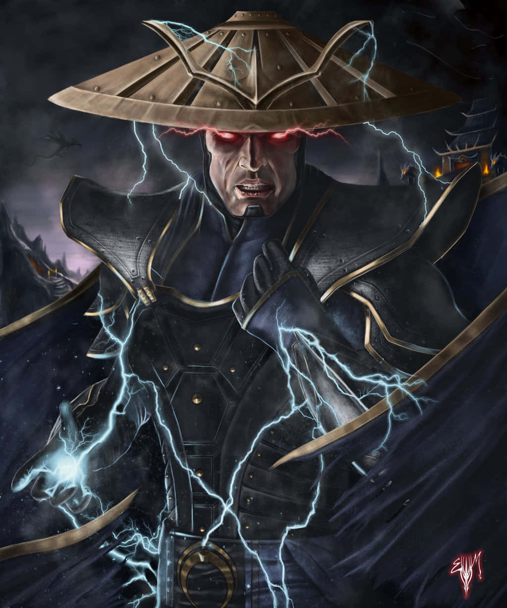 Mortal Kombat Raiden 桌布 壁紙 — 一位身穿深色服裝、擁有發光紅眼和寬邊帽的戰士，在風暴肆虐、寺廟林立的風景中引導閃電。