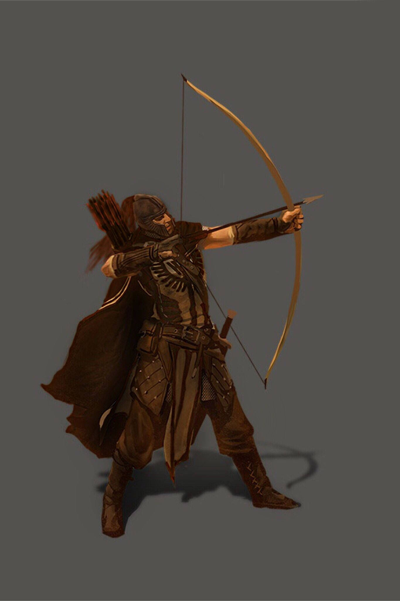 Archery 桌布 壁紙 — 一位身穿深色服裝的弓箭手全副武裝，在樸素的灰色背景下專注地拉開長弓。