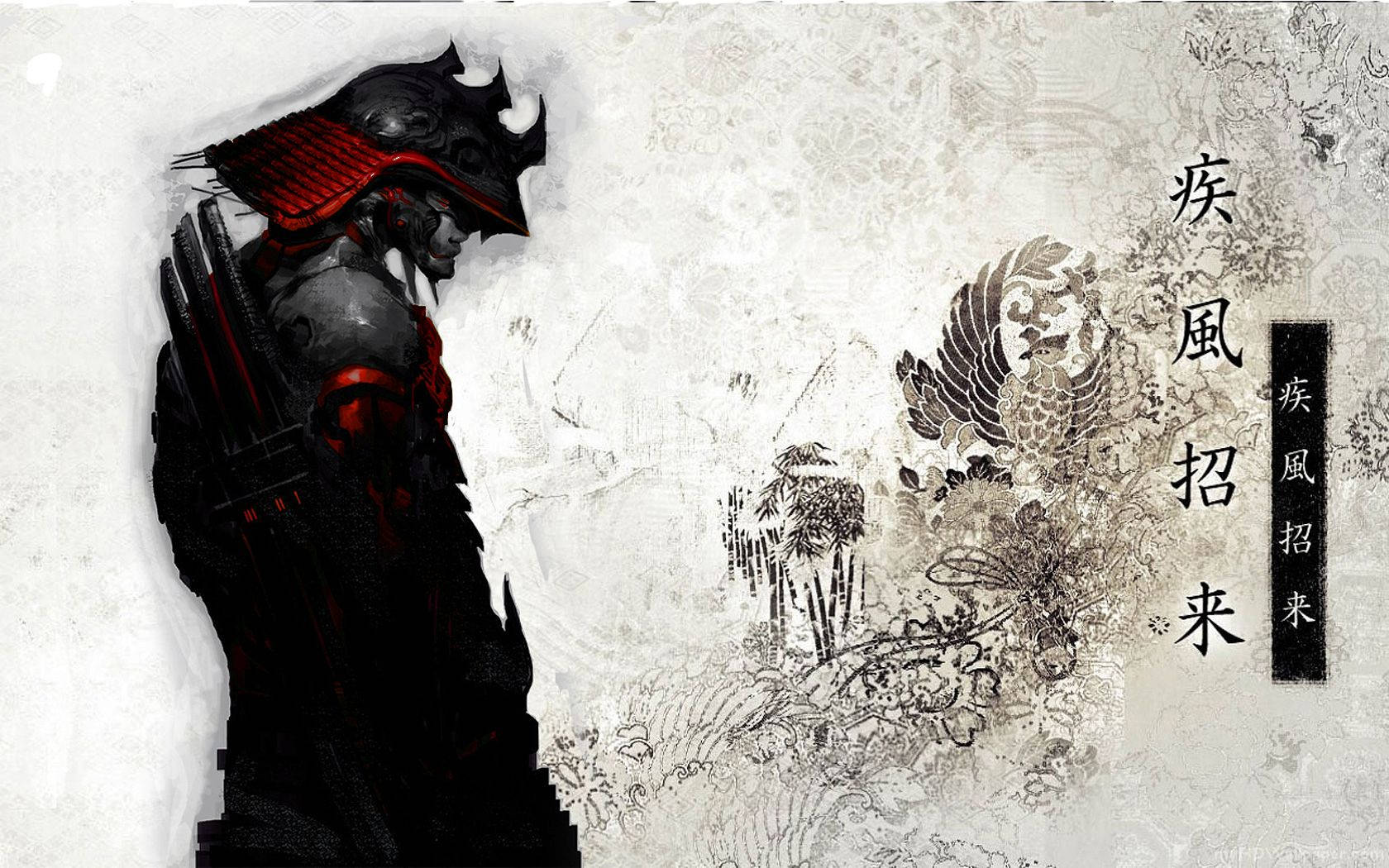 日本武士 桌布 壁紙 — 一位身穿深色盔甲、帶有紅色點綴的武士，站在帶有紋理的羊皮紙背景前，背景上有墨跡日本書法和傳統圖案。