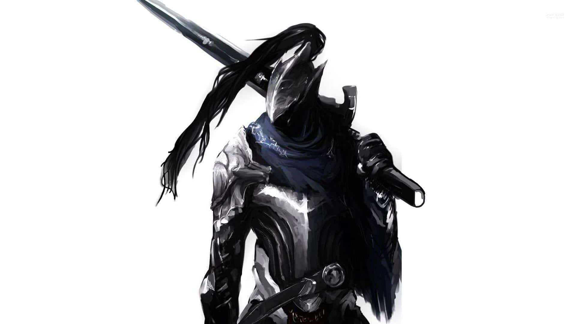 Dragon Slayer Ornstein 桌布 壁紙 — 一位身穿深色盔甲、留著黑色長髮、戴著頭盔的戰士，在純白背景前手持一把劍。