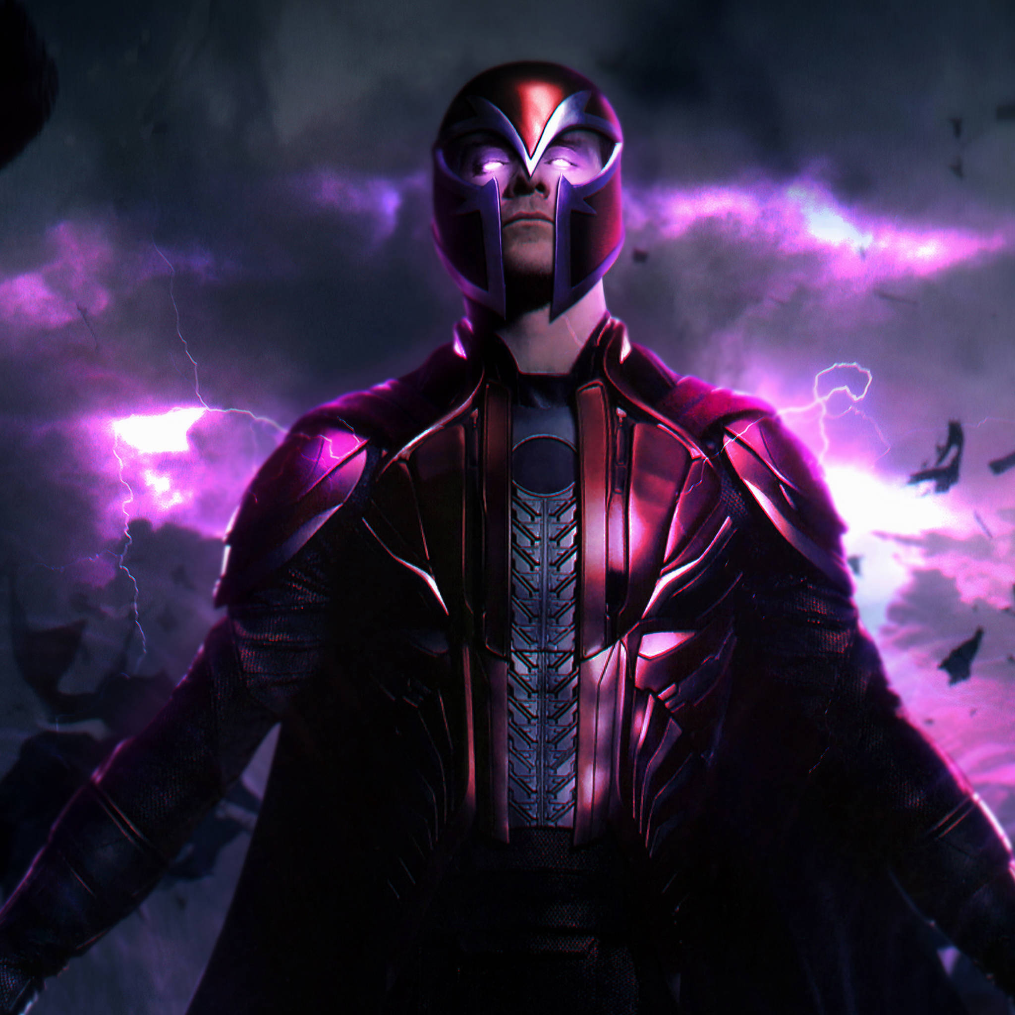 Magneto 桌布 壁紙 — 一位身穿深色裝甲服的超級英雄站在暴風雨般的紫色天空下，周圍閃電劈啪作響。