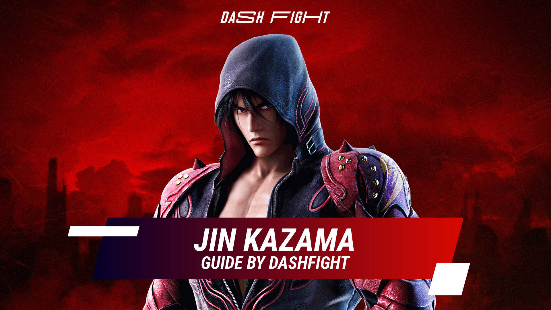Jin 桌布 壁紙 — 一位身穿深色連帽服裝的兇猛動漫戰士，在戲劇性燈光下，站在火紅的天空前。