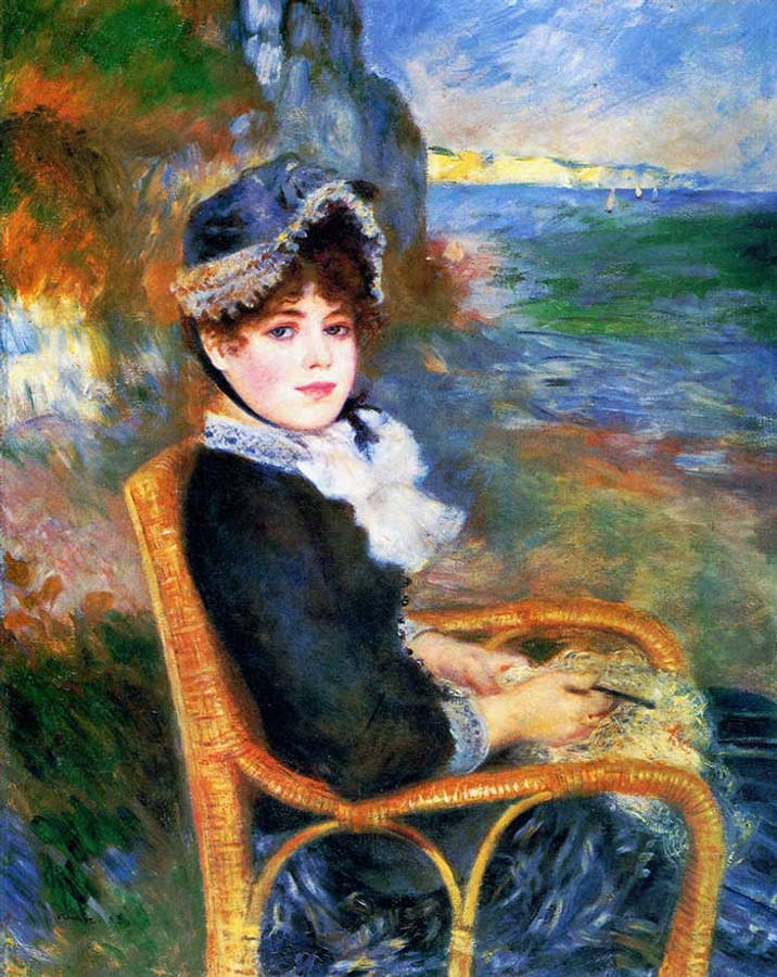 Renoir 桌布 壁紙 — 一位身穿深色連衣裙和帽子的女士坐在海邊的藤椅上，以印象派筆觸繪製，色彩鮮豔的藍色和綠色。